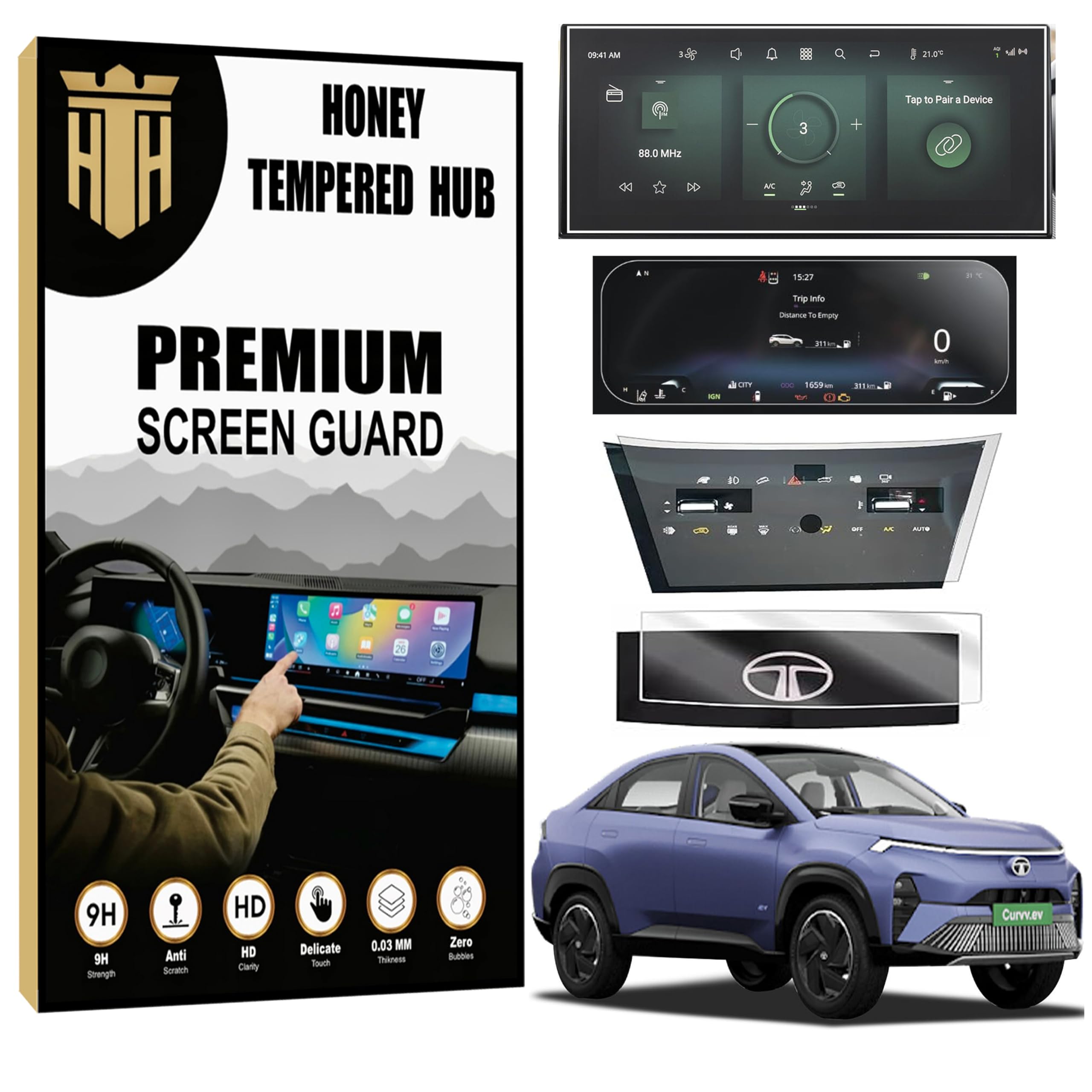 HONEY TEMPERED HUB (4 PACK) Screen Guard For NEW TATA CURVV EV 2024 || 12.3 INCH INFOTAINMENT [SHARP CORNERS] + INSTRUMENT CLUSTER + STEERING + AC PANEL Protector || Curvv.EV Empowered+ & Empowered+A Car Digital Display Accessories [Not Tempered Glas (B0DH599L42) Amazon Price History, Amazon Price Tracker