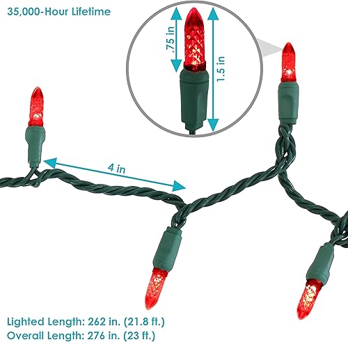 Miniatura 2 de Sunnydaze Guirnalda de luces de Navidad para exteriores de 70 LED, bombillas de estilo facetado M6, longitud iluminada de 21 pies, color rojo