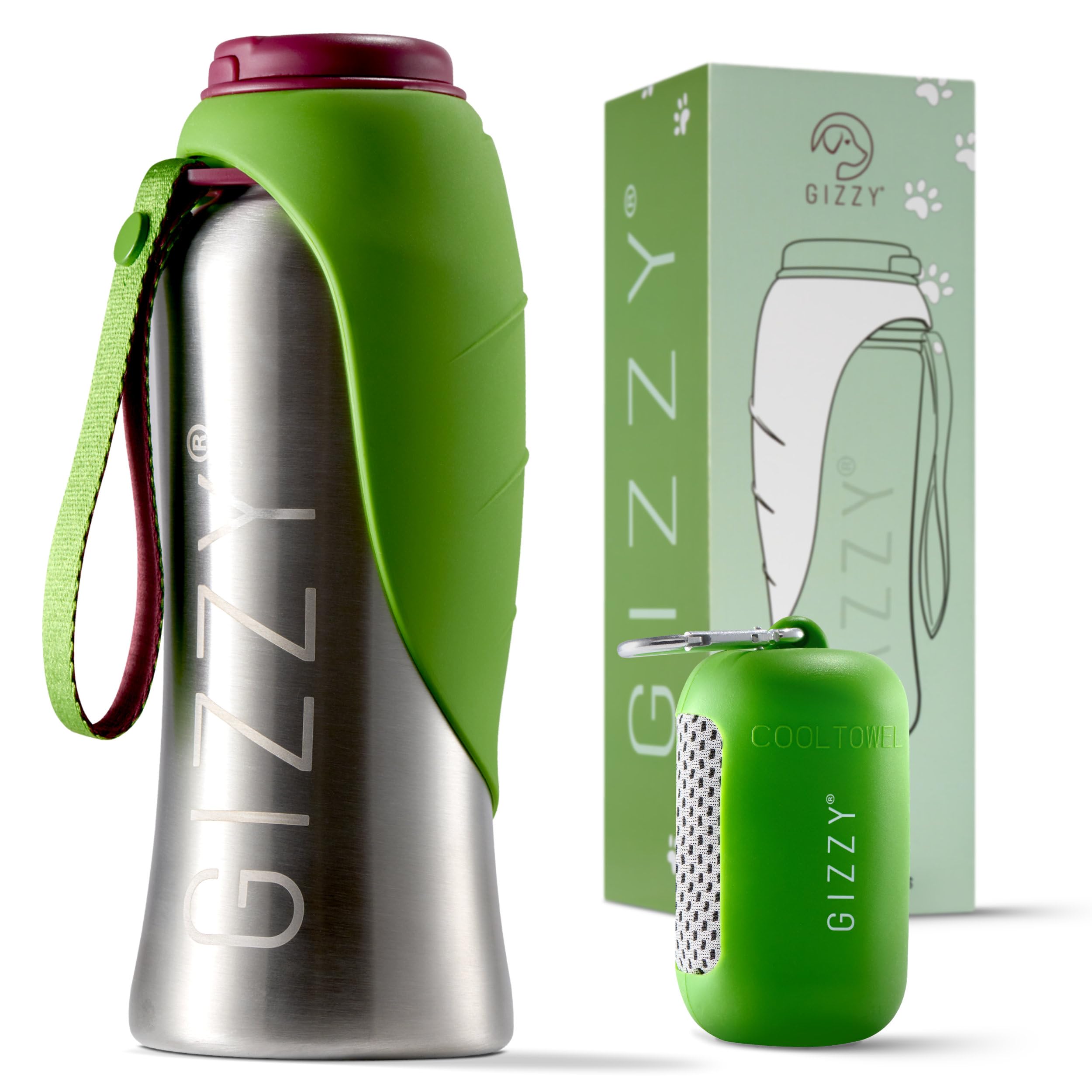 GIZZY® Trinkflasche Hunde für unterwegs - auslaufsicher & robust aus Edelstahl, in 2 Größen inkl. weichem Hundehandtuch | Trinkflasche Hund I Hundetrinkflasche für unterwegs für alle Hunde