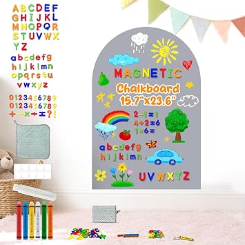 Arch Magnetic Wall Decal Grey Magnet Chalk Board for Kids Peel and Stick Self Adhesive Magnetic Play Wall for Boys Bedroom Playroom Blackboard Sticker with 79 Magnet Alphabet ABC 15.7x23.6 Inch