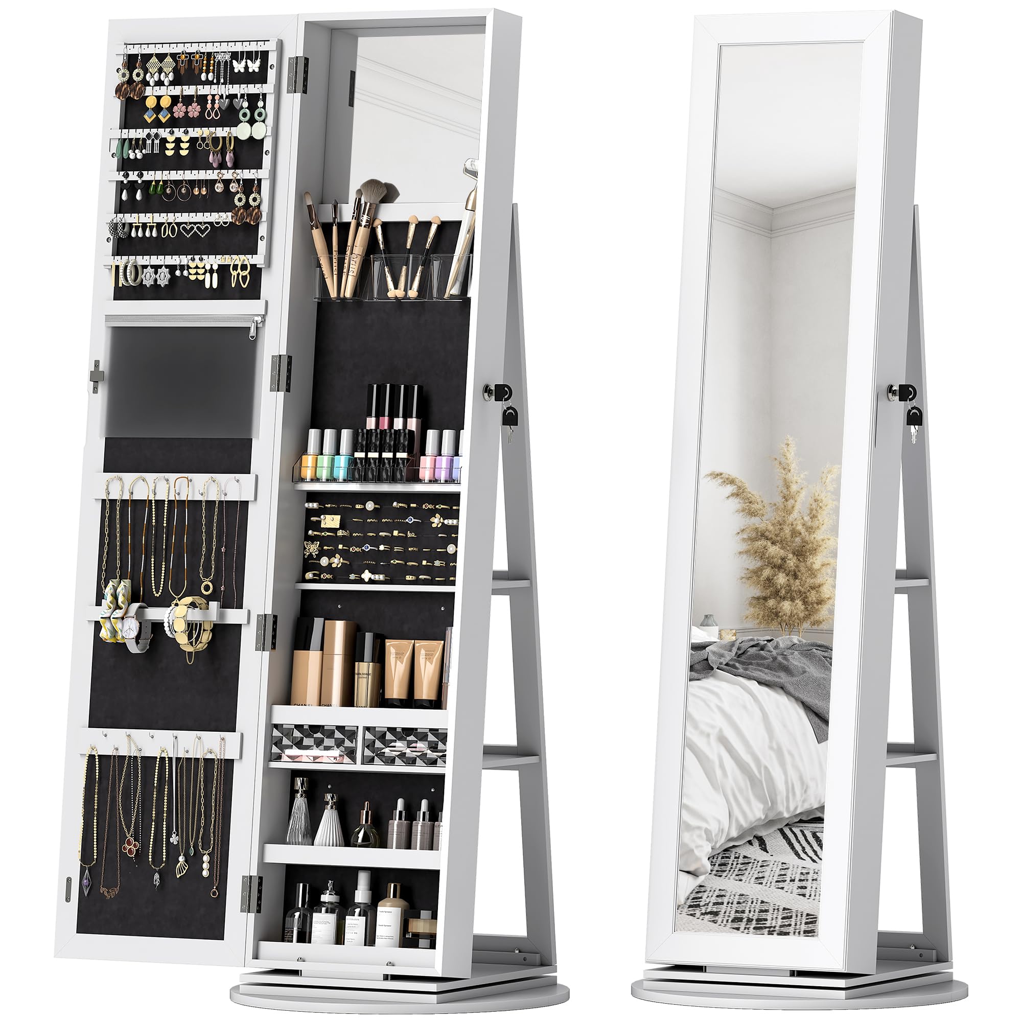 HOMCOM Specchio Portagioie Girevole a 360°, Armadietto Portagioie con Serratura con Chiave, Specchio a Figura Intera con 3 Ripiani sul Retro e 2 Cassetti, 55x55x161 cm, Bianco