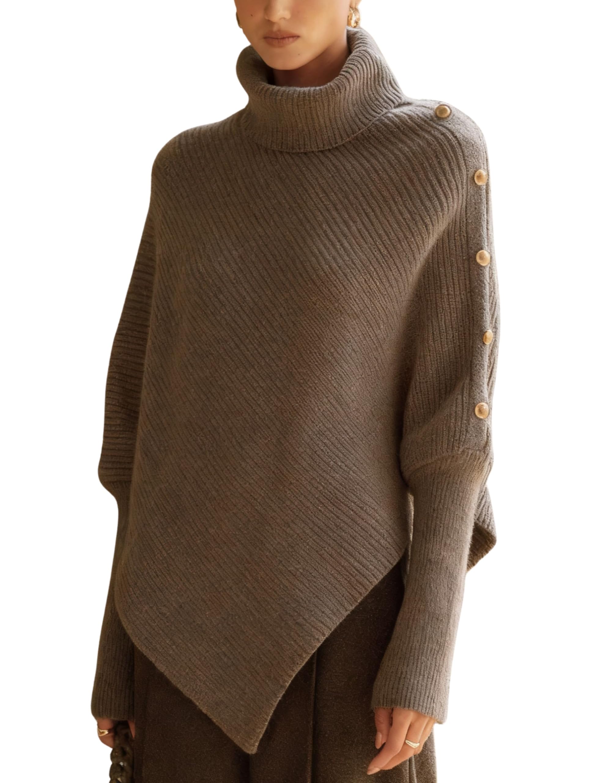 QIBABU Womens Turtleneck Poncho Sweater Casual Irregular Hem Long Sleeve Ribbed Knit Pullover Jumper Top