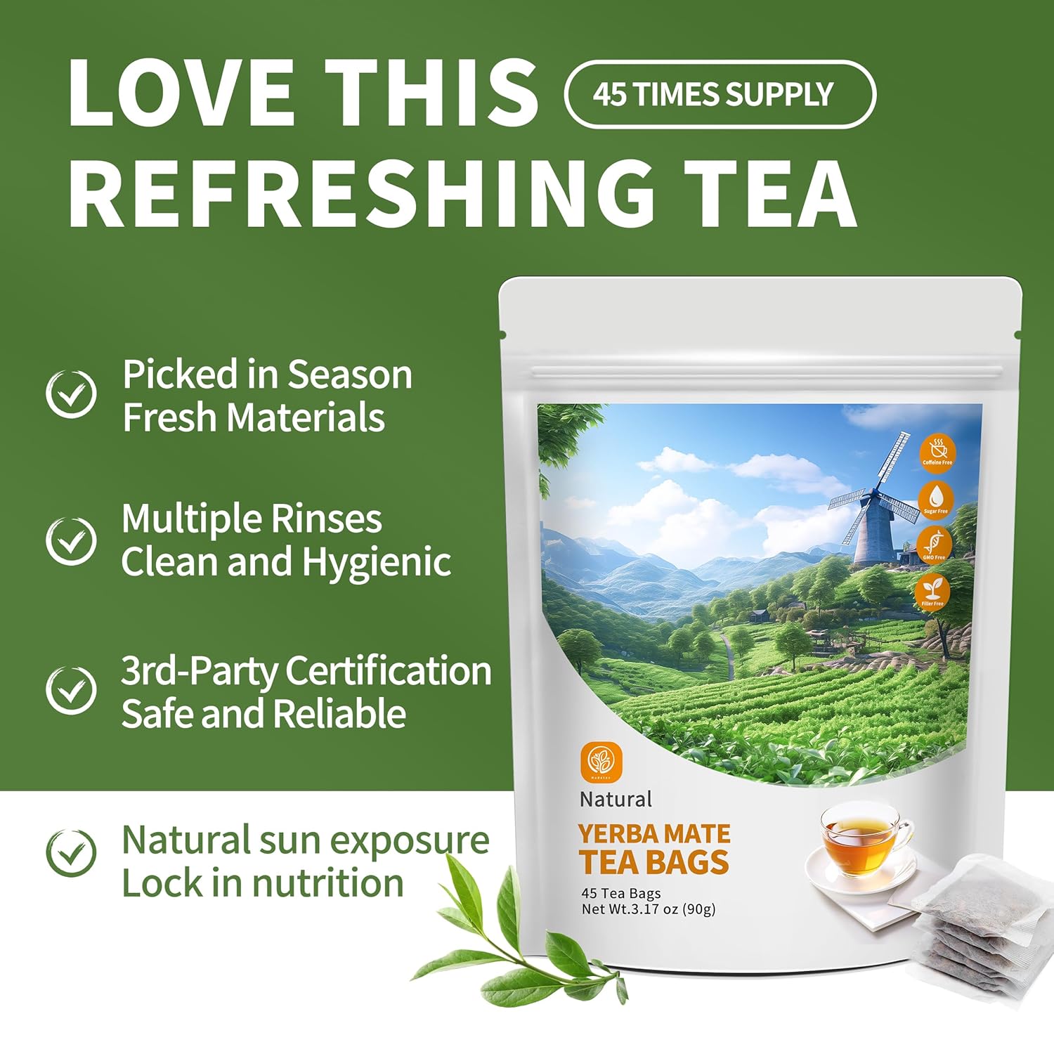 Yerba Mate Tea Bags 45 Tea Bags Organic -Supports Cardiovascular & Digestive Systems, Keep youth，with Madein. - Image 2