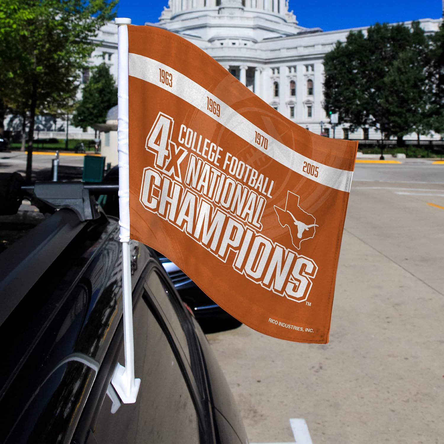 Rico Industries NCAA Texas Longhorns Champ Double Sided Double Sided Car Flag - 16" x 19" - Strong Pole That Hooks onto Car/Truck/Automobile