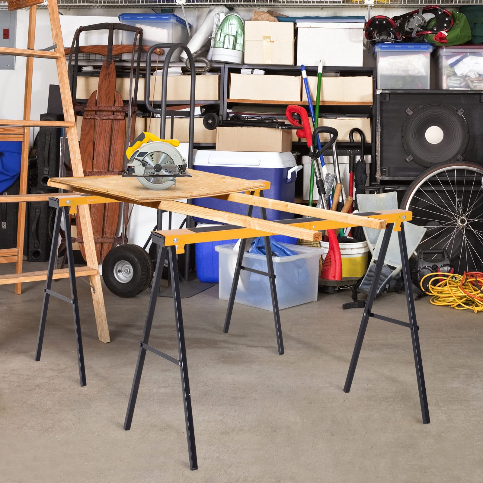 DURHAND Lot de 2 tréteaux Pliables compactes poignée Transport dim. 100L x 50l x 76H cm Surface antidérapante métal Noir Jaune