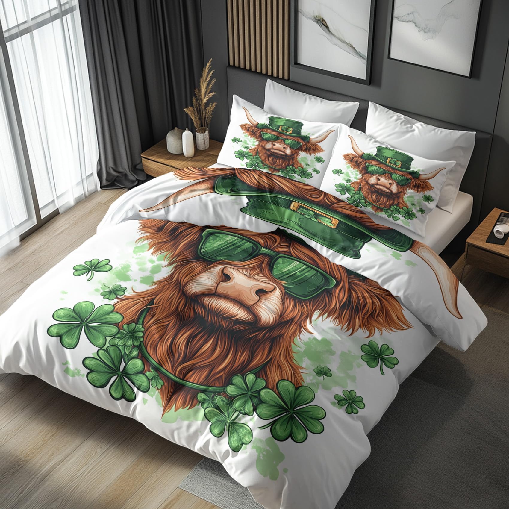 Highland Cow Duvet Cover Single Bedding Sets, St. Patrick's Day Pattern, Reversible Design Bedroom Decor Bed Quilt Cover with 1 Pillowcase, Microfiber, Zip - SMK5152