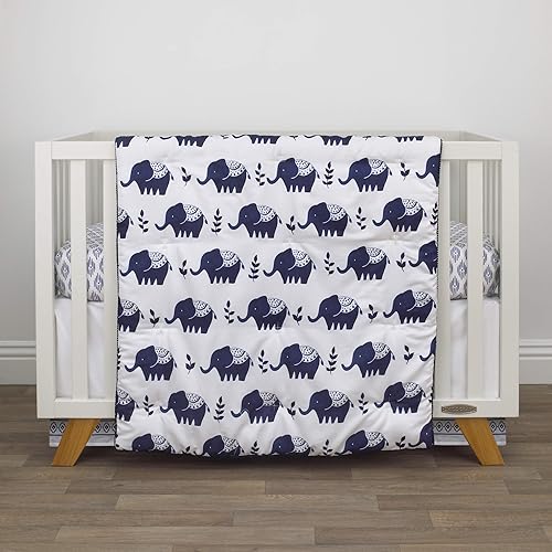 Miniatura 7 de NoJo Indigo Hues - Juego de ropa de cama para cuna de 4 piezas, diseño de elefante azul y blanco, edredón, sábana bajera ajustable 100% algodón,