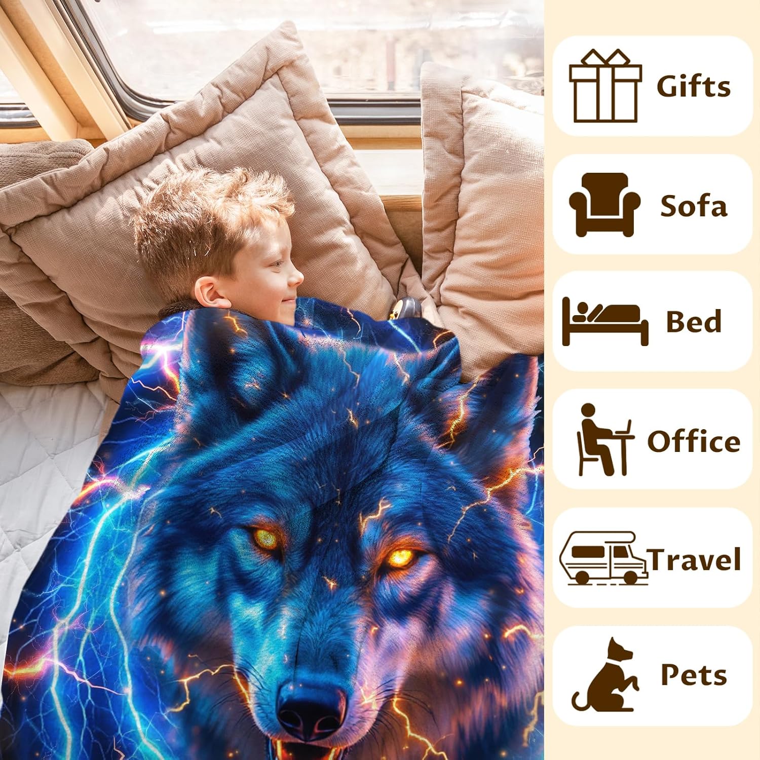 Boys Men Wolf Blanket, Throw Blankets Gift for Kids Adults Son Wolf Lovers 60x80 Inches Lightweight Soft Cozy Cool Throw for Sofa Couch Bed Trip Party Decor