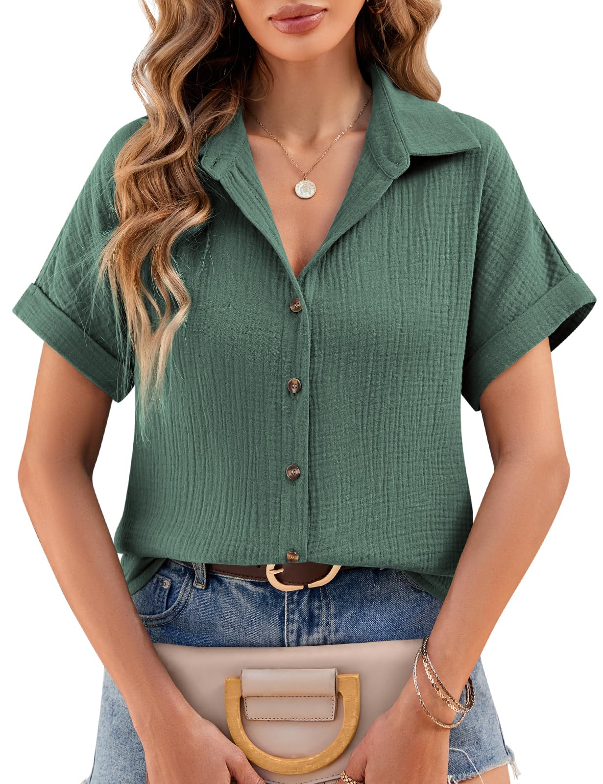 heekpek Musselin Bluse Damen Sommer Blusenshirt V-Ausschnitt Hemdbluse Elegante Oberteile 100% Baumwolle Kurzarm Blusen Tunika Shirt