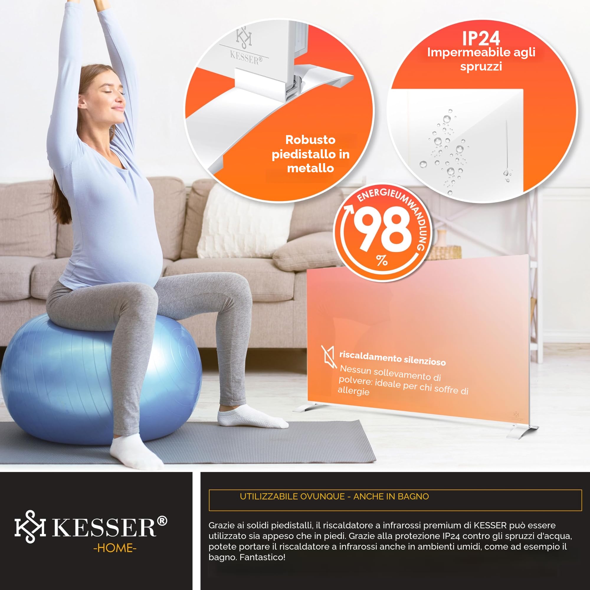 KESSER® Radiatore a infrarossi 520 W, riscaldamento in alluminio a risparmio energetico, 2 in 1, dispositivo su piedistallo e montaggio a parete con rilevamento finestra aperta + telecomando e