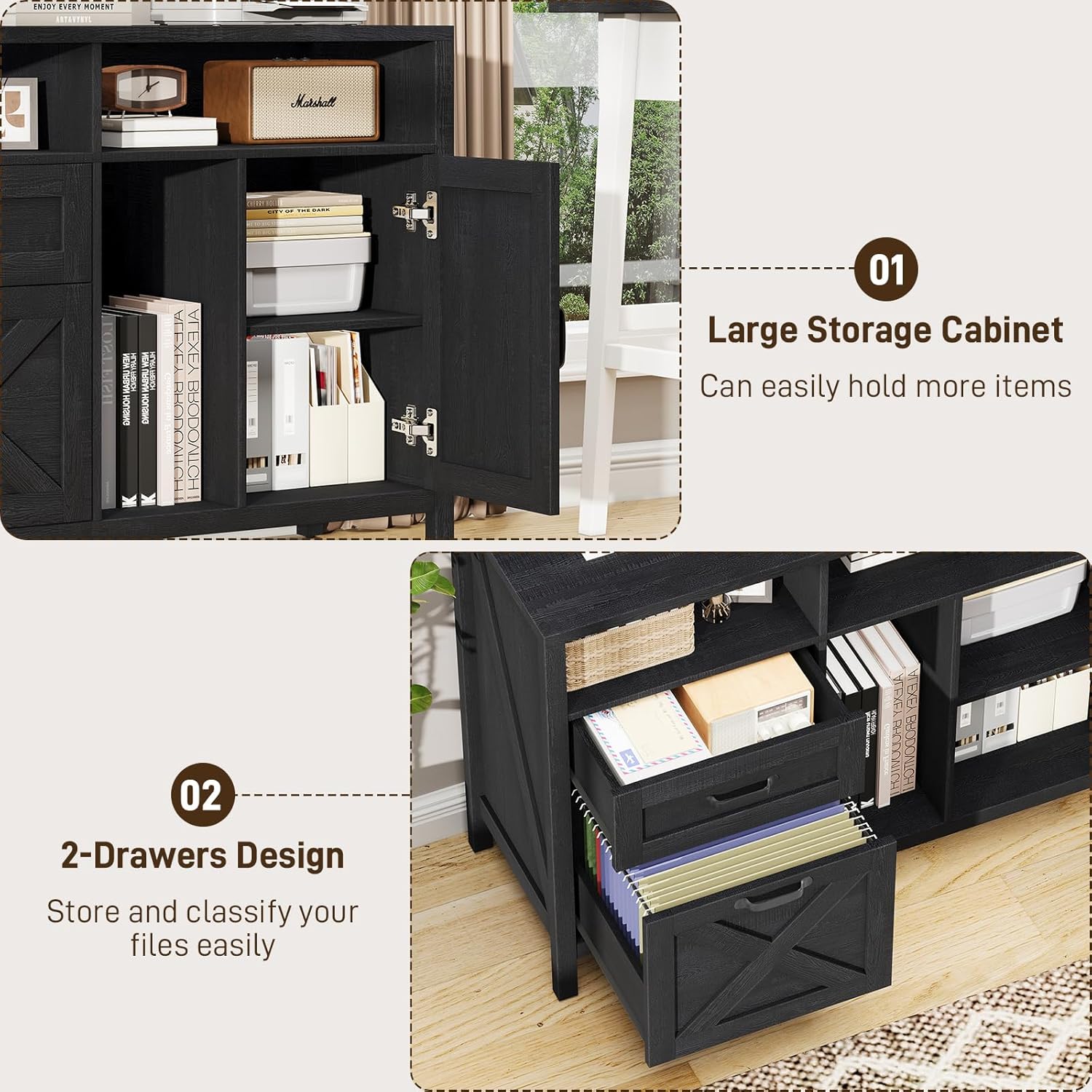 Vabches Lateral File Cabinet, Farmhouse 2 Drawer File Cabinet with Open Storage Shelf for Letter/A4 Size Hanging Files, Large Wood File Storage Cabinets Printer Stand for Home Office, Black