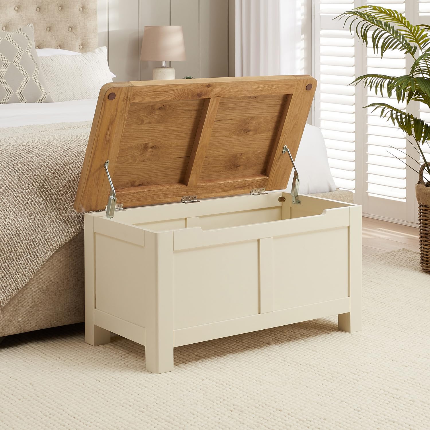 The Furniture Market Marbury Cream | Painted Blanket Storage Box | Solid Wood Bedding Chest | Whitewashed Oak Top | Hallway Boot Bench Or Toy Box | Fully Assembled | H 450Mm X W 850Mm X D 450Mm