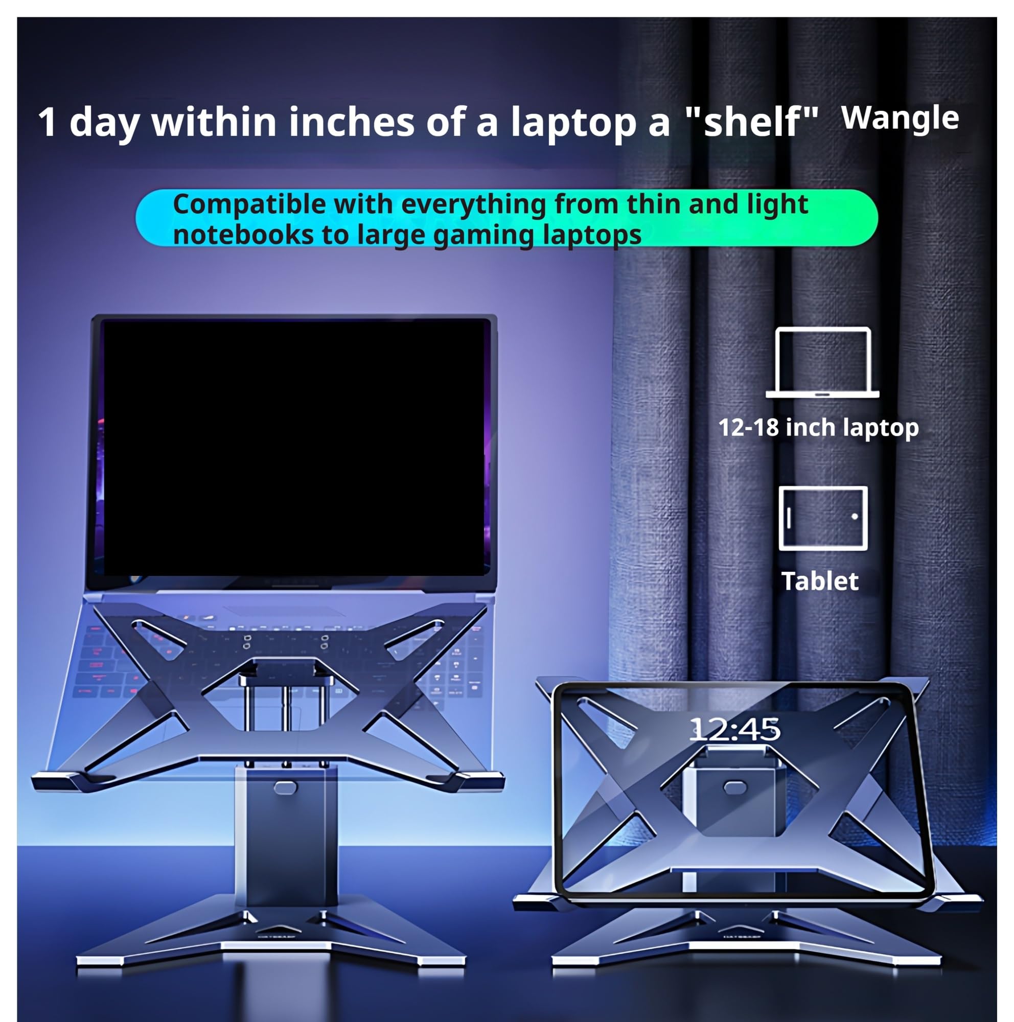 Supporto for laptop, rialzo regolabile in altezza for notebook da 12-18".