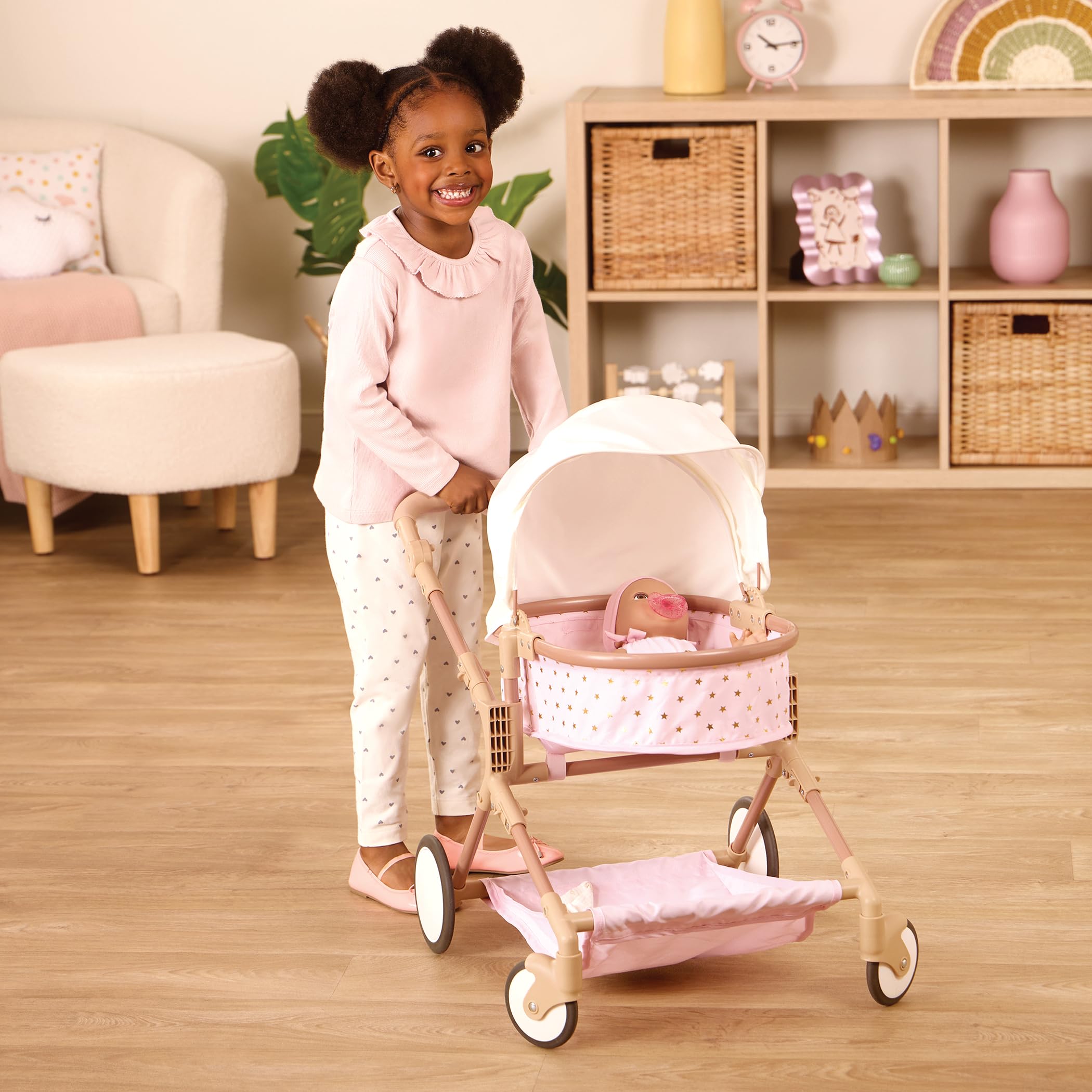 LullaBaby - Doppelter Puppenwagen - Zwillingspuppen-Kinderwagen - Rosa Spielzeug-Kinderwagen mit goldenen Sternen - Spielzeug für Kinder ab 2 Jahren
