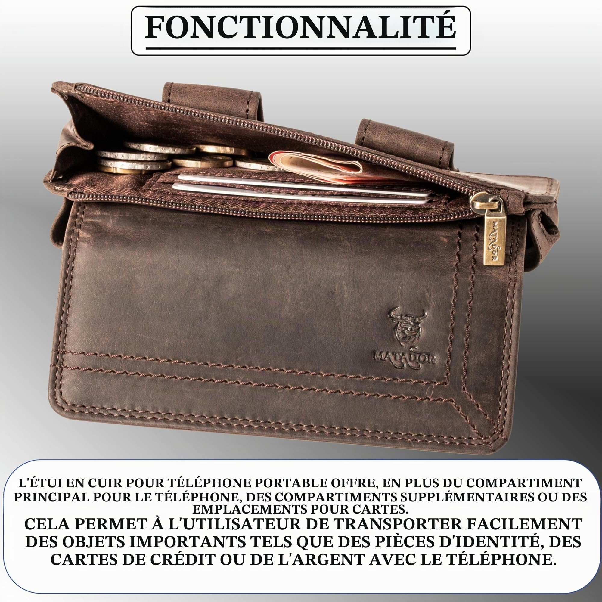 MATADOR 2en1 Pochette Téléphone Portable Cuir Véritable avec Poche Zippée #Brisbane, avec Boîte Cadeau Noble et RFID, élégant Pochette Telephone pour Smartphone jusqu'à 6,9 Pouces, Marron Foncé