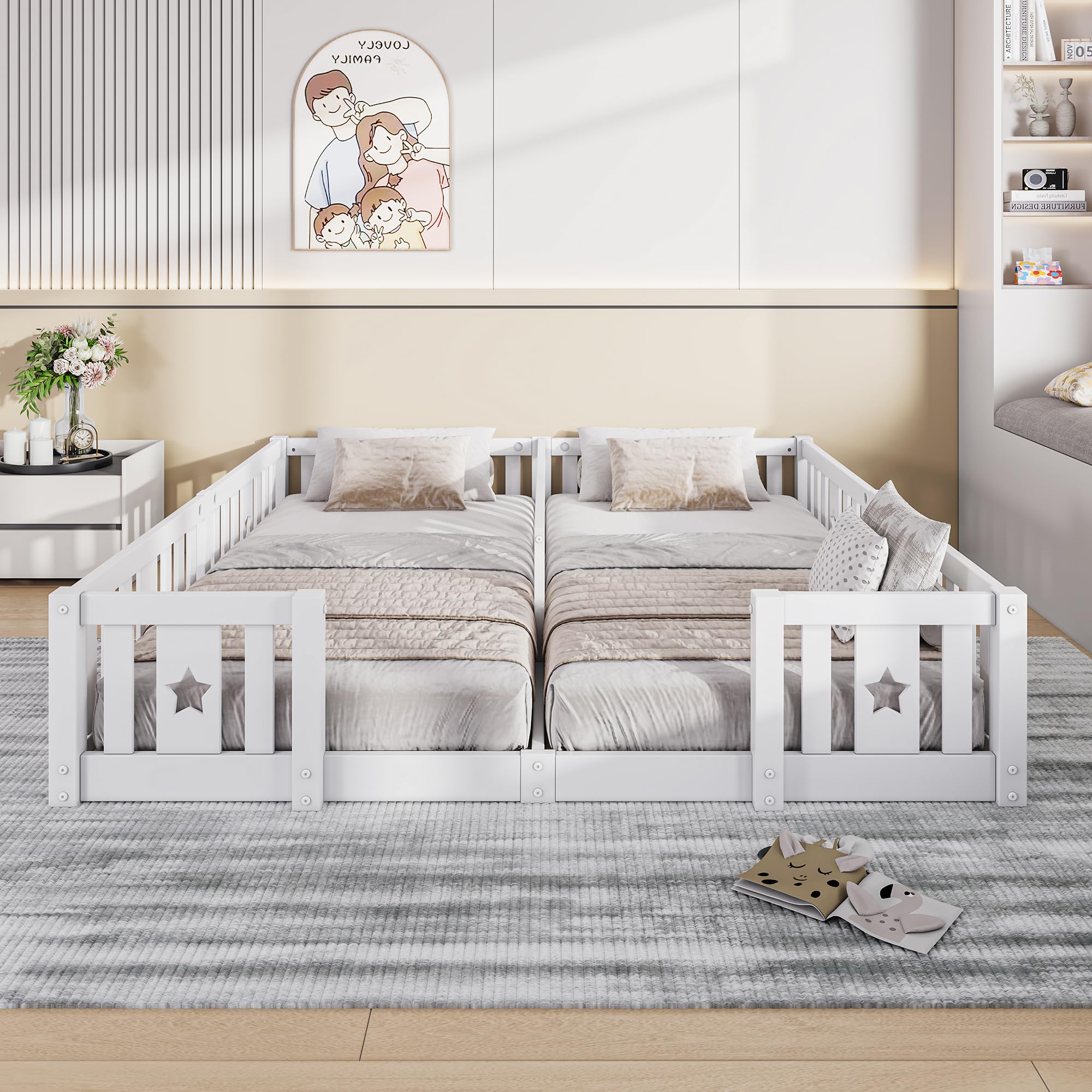 Kinderbett Bodenbett 180x200 cm, Montessori Bett mit Rausfallschutz, Massivholz Gitterbett, Babybett Kinder Jugendbett Doppelbett für Jungen & Mädchen, niedrige Einstiegshöhe (Ohne Lattenrost) (Weiß)