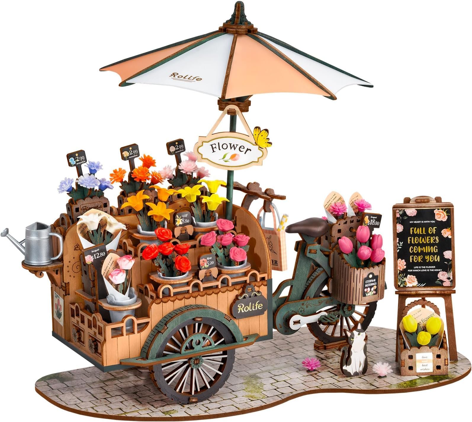 Miniature 3D Wooden Flower Cart Puzzle for Adults, Model Building Kit, Collectible Handcraft Desk Decor, for Family
