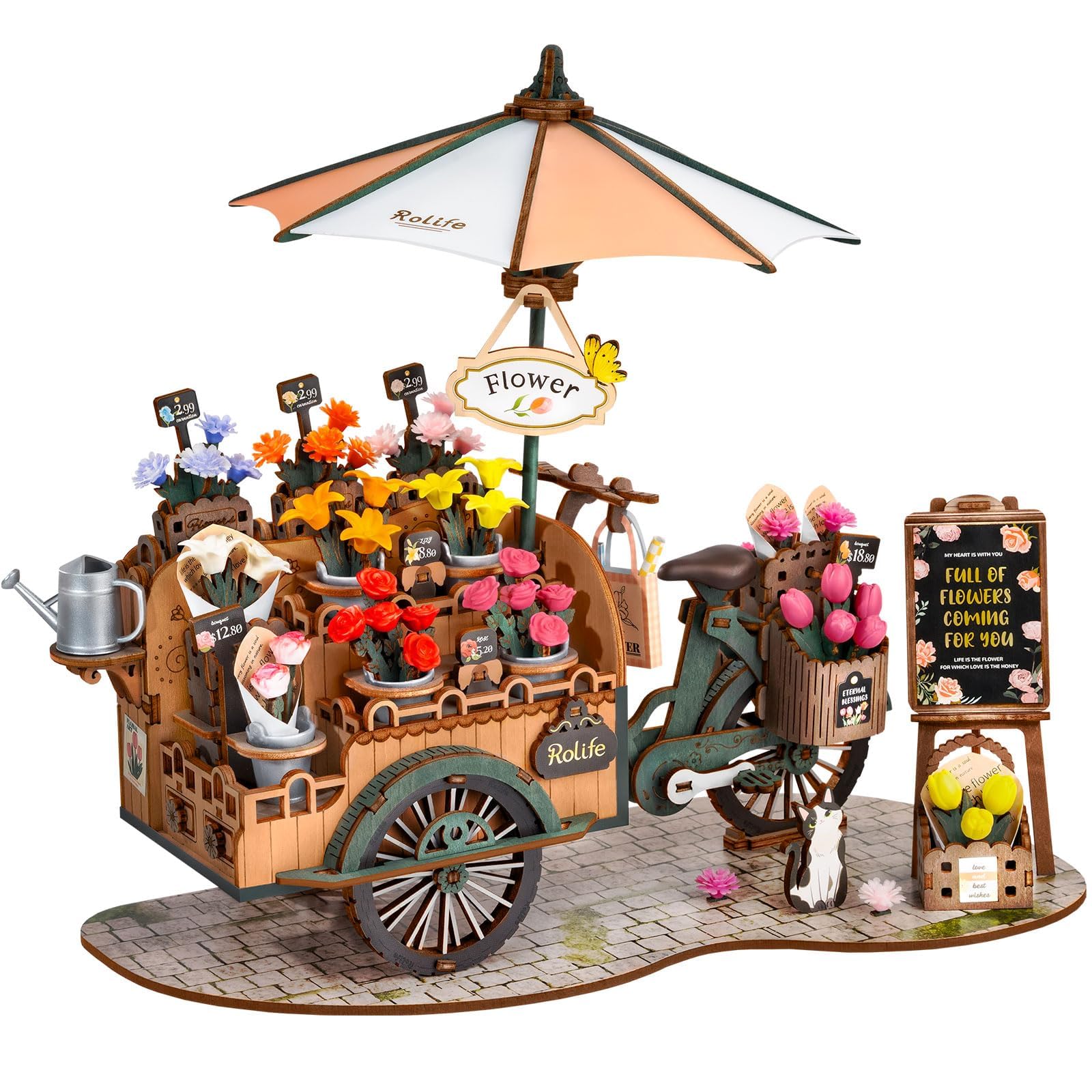 Rolife Miniature 3D Wooden Flower Cart Puzzle for Adults, Model Building Kit, Collectible Handcraft Desk Decor, for Family
