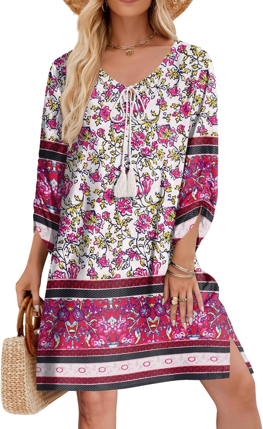Zeagoo Womens Boho Dresses Casual Beach Summer Dress Tassel Tie Neck 3/4 Long Sleeve Mini Sundress 2026 Floral Print Cover Up - Image 2
