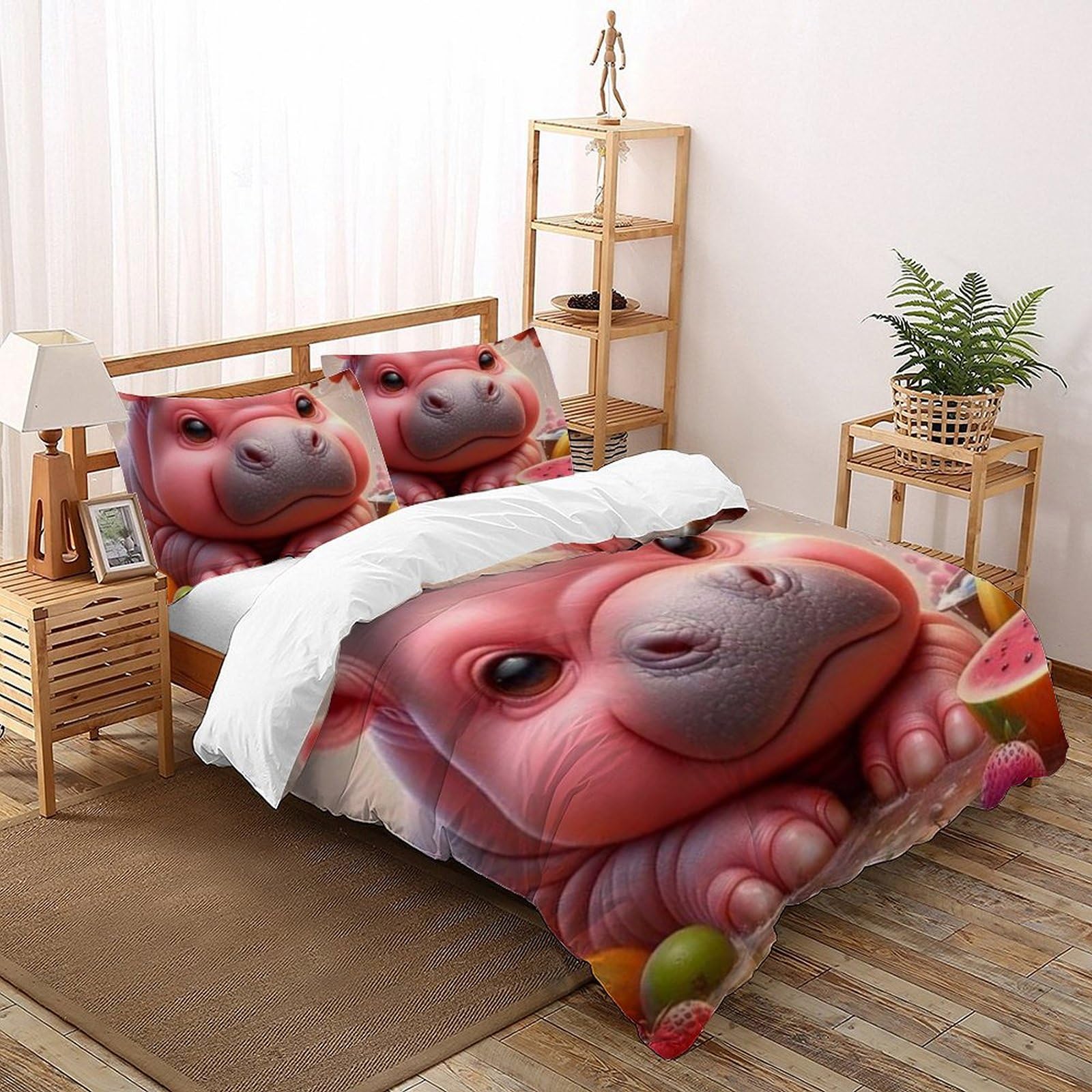 Housse de couette hippopotame rose parure de lit animaux imprimé 3D en microfibre king taies garcon