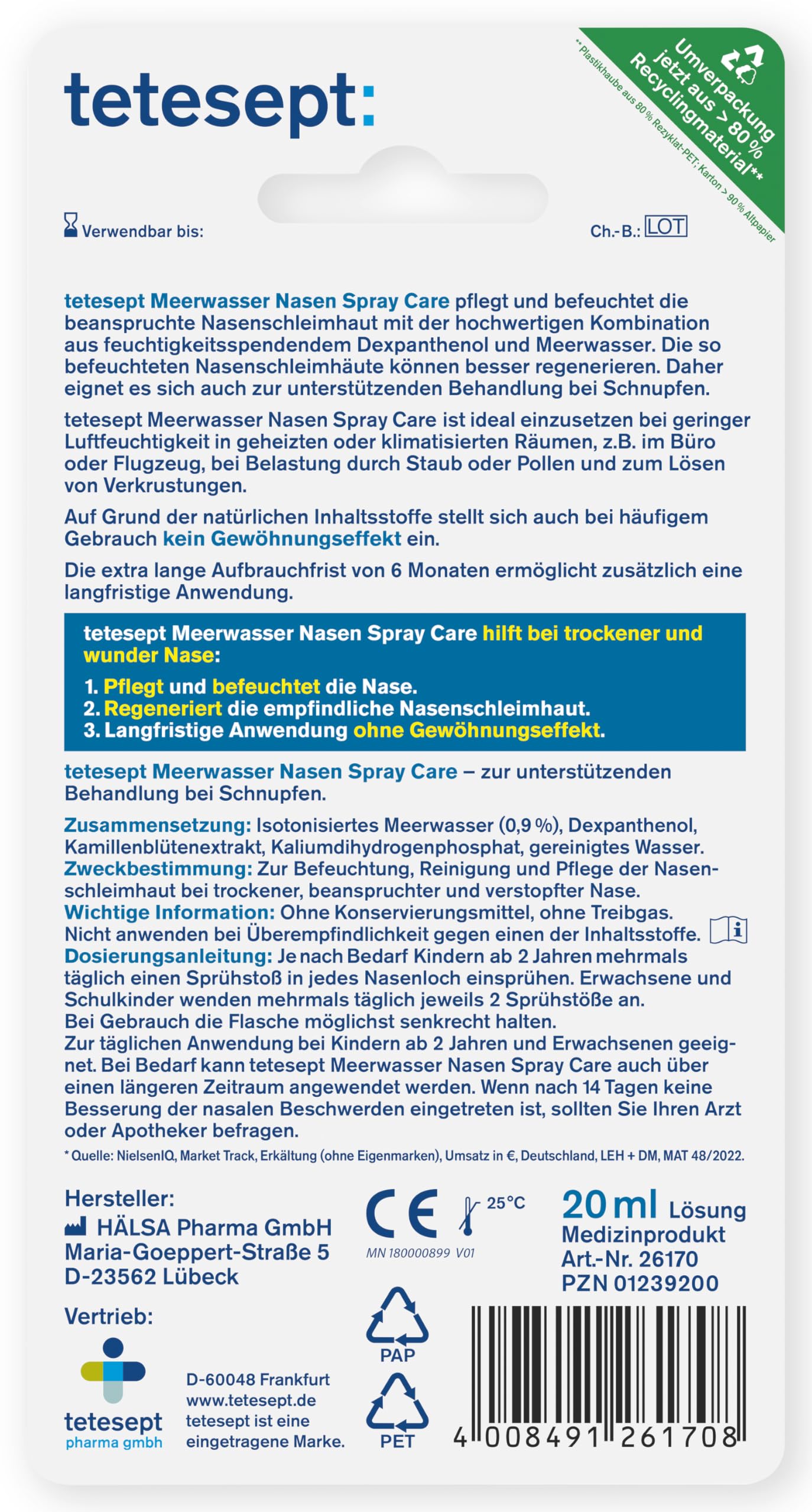 tetesept Meerwasser Nasen Spray Care – Pflegendes & abschwellendes Nasenspray für natürlichen Schutz & Regeneration – Nasenpflegespray bei Erkältung – 5 x 20 ml