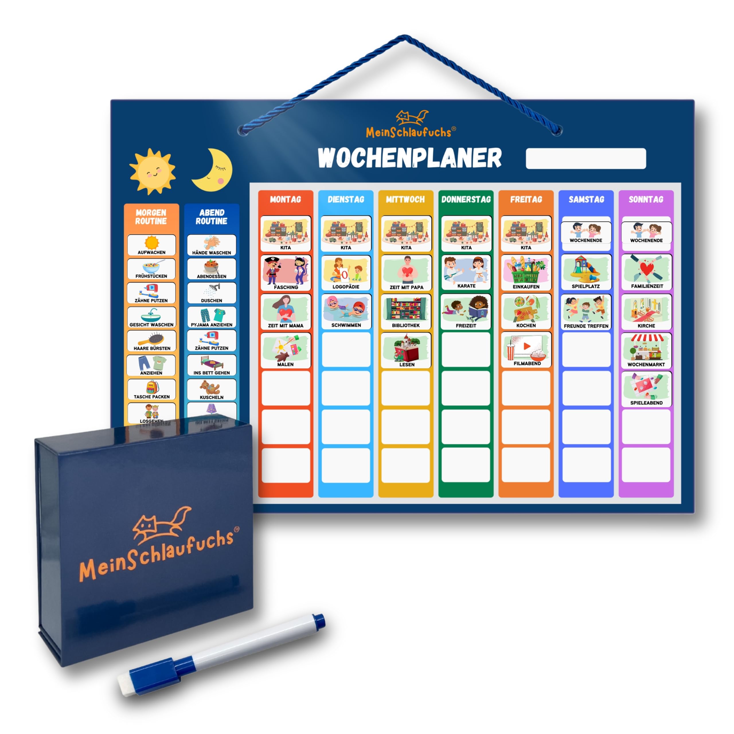 MeinSchlaufuchs® Wochenplaner Kinder - Montessori Magnettafel inkl. 250 Magnete, Aufbewahrungsbox, Kordel & Stift - 2-in-1 Wochenplan & Routineplan - Morgenroutine & Abendroutine für Kinder