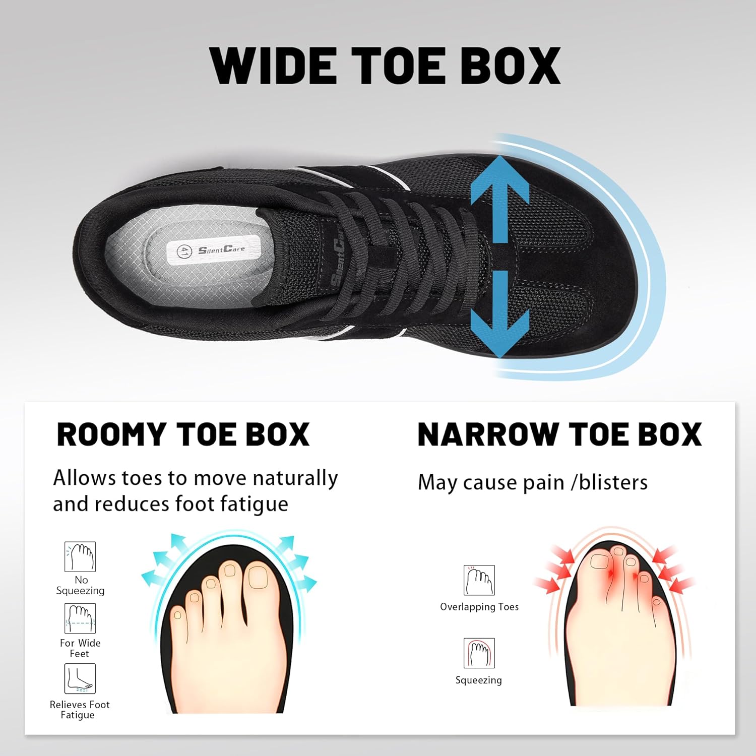 SILENTCARE Men's Wide Barefoot Shoes Sneakers Minimalist Zero-Drop Sole Wide Toe Box, Optimal Traction for Gym Walking Travel