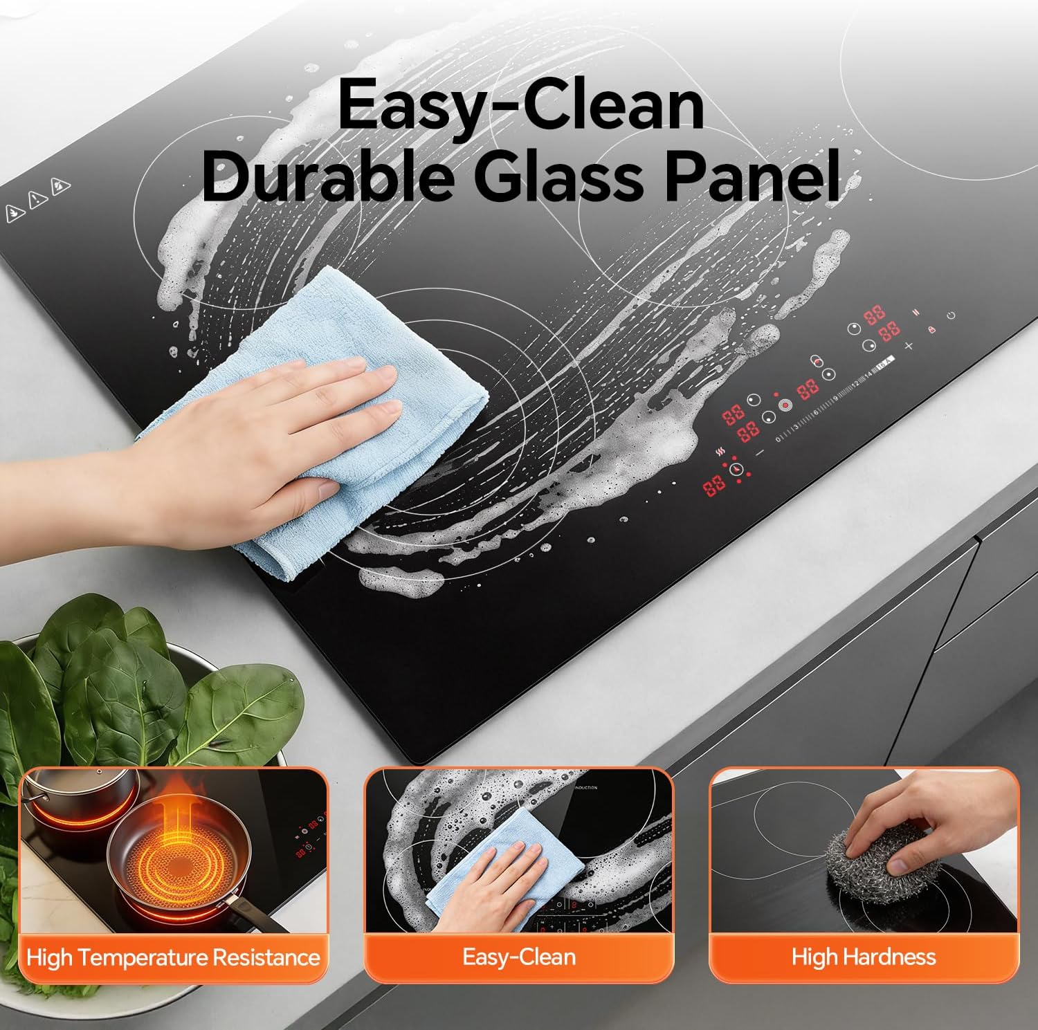 Ranein Electric Cooktop with 5 Burners, 30 inch 8800W 240V Ceramic Panel Electric Cooktop, Multiple Safety Protections Stove, Touch Screen