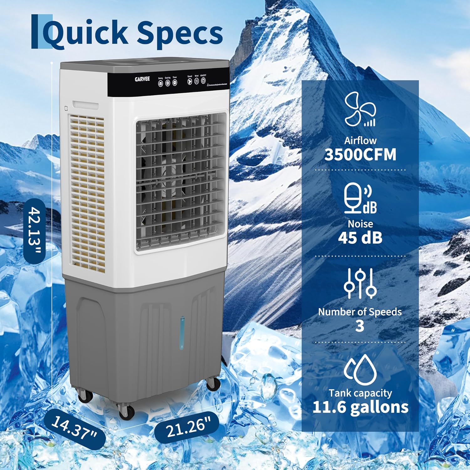 Garvee Air Cooler 3500 CFM Evaporative Air Cooler with 11.6Gal Water Tank, 4 Ice Packs, 3-Speed, 120° Oscillation, Remote Control and 12H Timer, 150W Portable Floor Standing Fan for Workshops, Garage