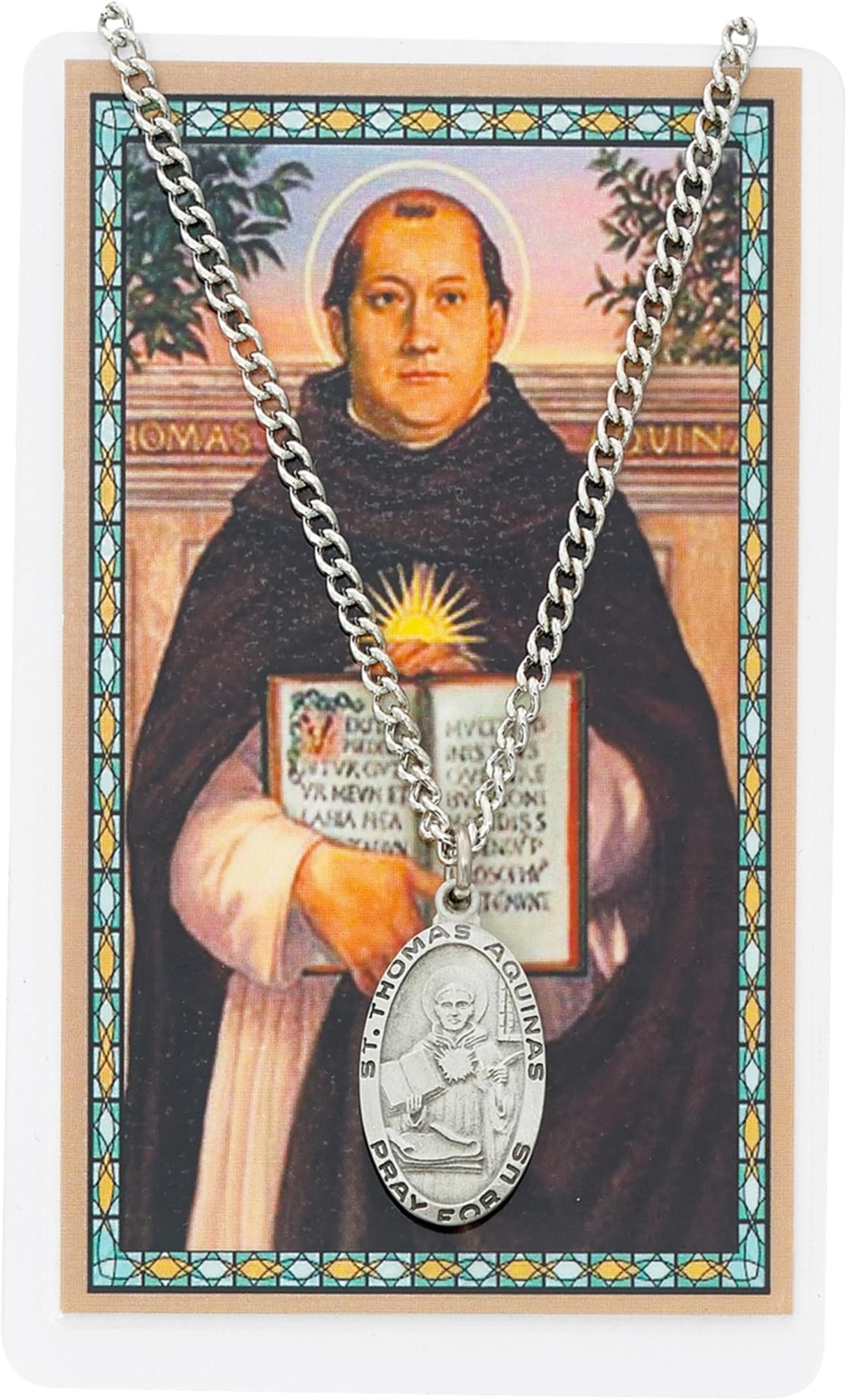 St. Thomas Aquinas 1-inch Pewter Medal Pendant Necklace with Holy Prayer Card