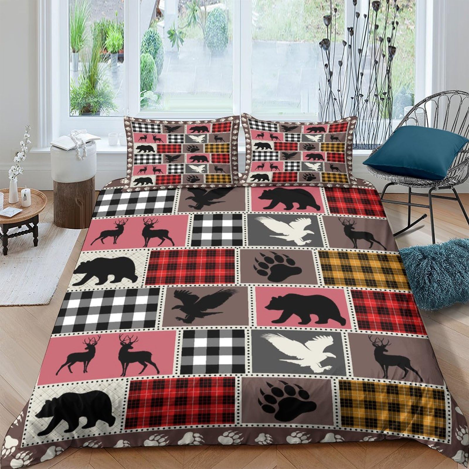 Ctjqhvkz Style-3 3D Printed Patchwork Bear Fitted Sheet Microfiber Soft Rustic Plaid Deer Bed Cover For Bedroom Guest Room Decor Single（135X200cm）