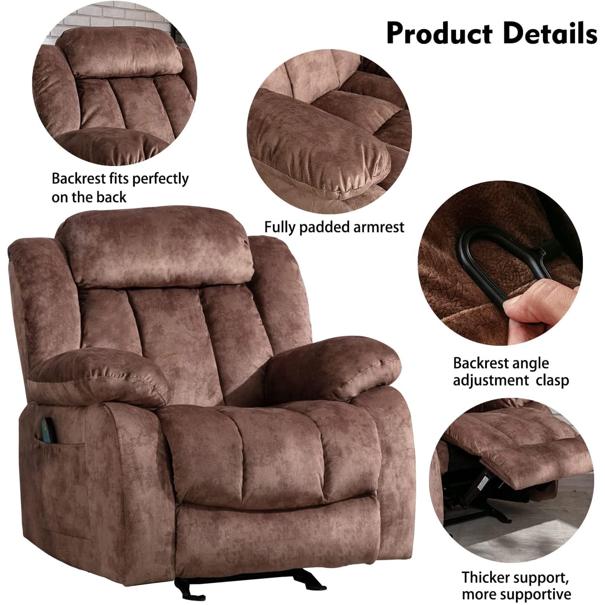 Phoenix Home Rocker Chair with Massage and Heat, Overstuffed Manual Nursery Living Room Bedroom Recliner, Brown