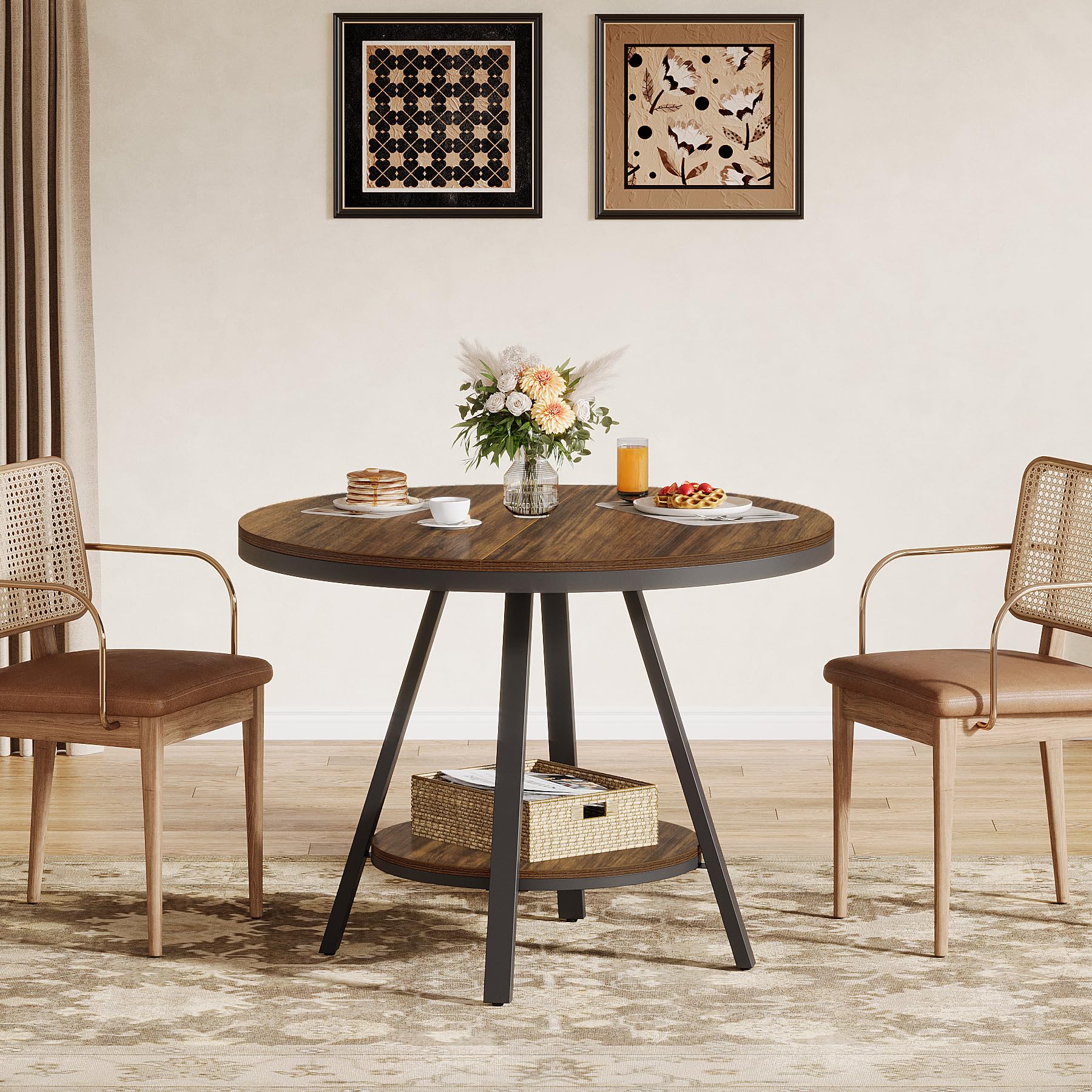 Tribesigns Mesa de Comedor Industrial Redonda de Dos Niveles, Mesa de Comedor pequeña para Cocina para 2-4 Personas, Mueble de Cocina de Madera de 90 cm con Patas metálicas Resistentes, marrón