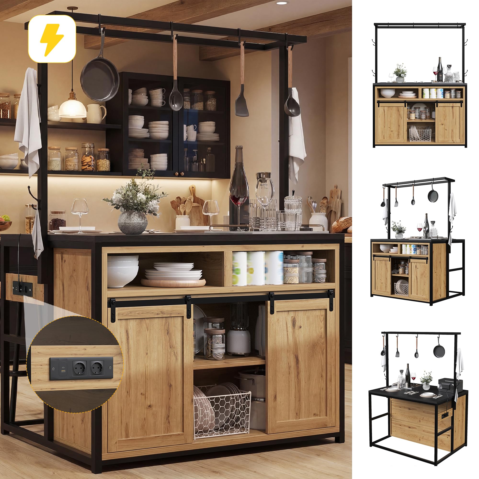 Küchenschrank mit Arbeitsplatte & Stromanschluss, 183cm hoher Kücheninselschrank mit Hängeregal, Holzoptik/Schwarz, für Küche & Esszimmer (Holzoptik)