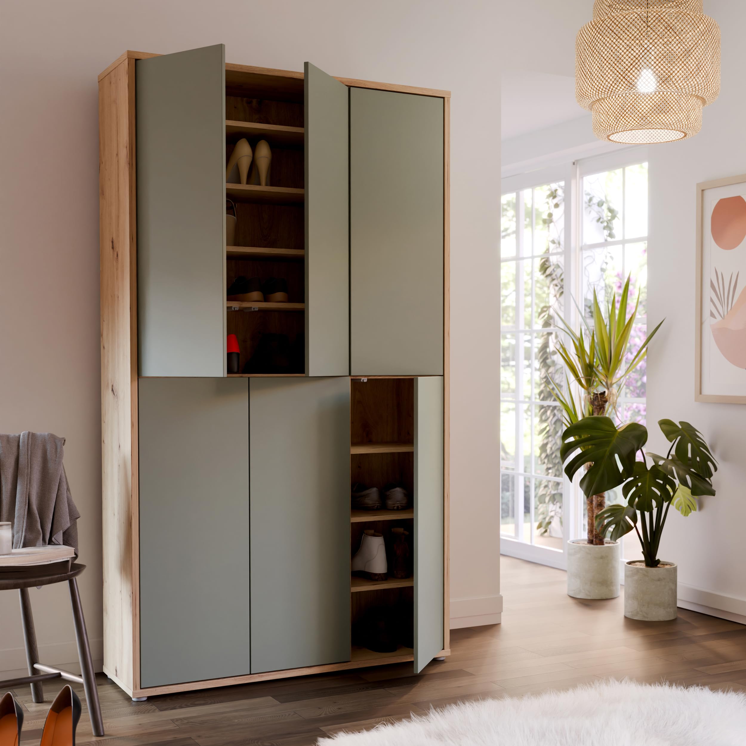 Forte Alice Springs Schuhschrank 100 110, Schrank mit 6 Türen, 15 Einlegeböden, Holzwerkstoff, Salbei mit Artisan Eiche Holzdekor, 109,2 cm breit x 191,9 cm hoch x 34,9 cm tief Küche, Haushalt & Wohnen