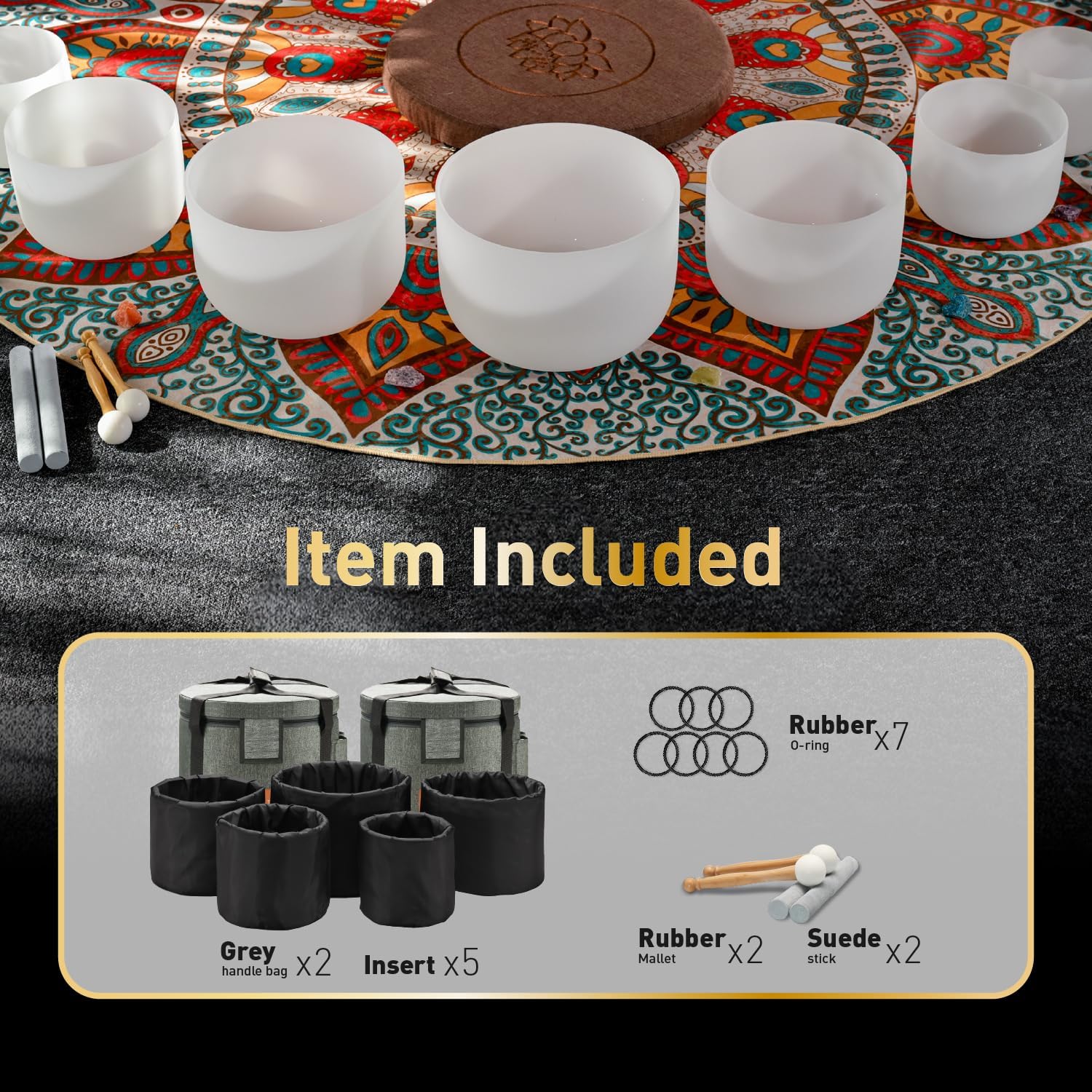 CVNC 432HZ 6-12 Inch Set Of 7 PCS Frosted Chakra Quartz Crystal Singing Bowls for Sound Healing with 2 PCS Travel Carry Case Bag