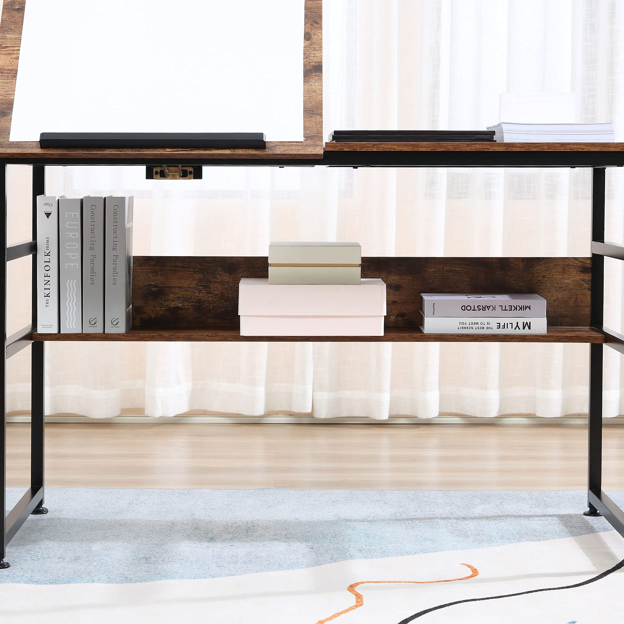 HOMCOM Mesa de dibujo ajustable 15 niveles tablero inclinable Marrón | Mesa de dibujo, estación de trabajo para pintar, escritorio multifuncional, estante de almacenamiento, Home Office.