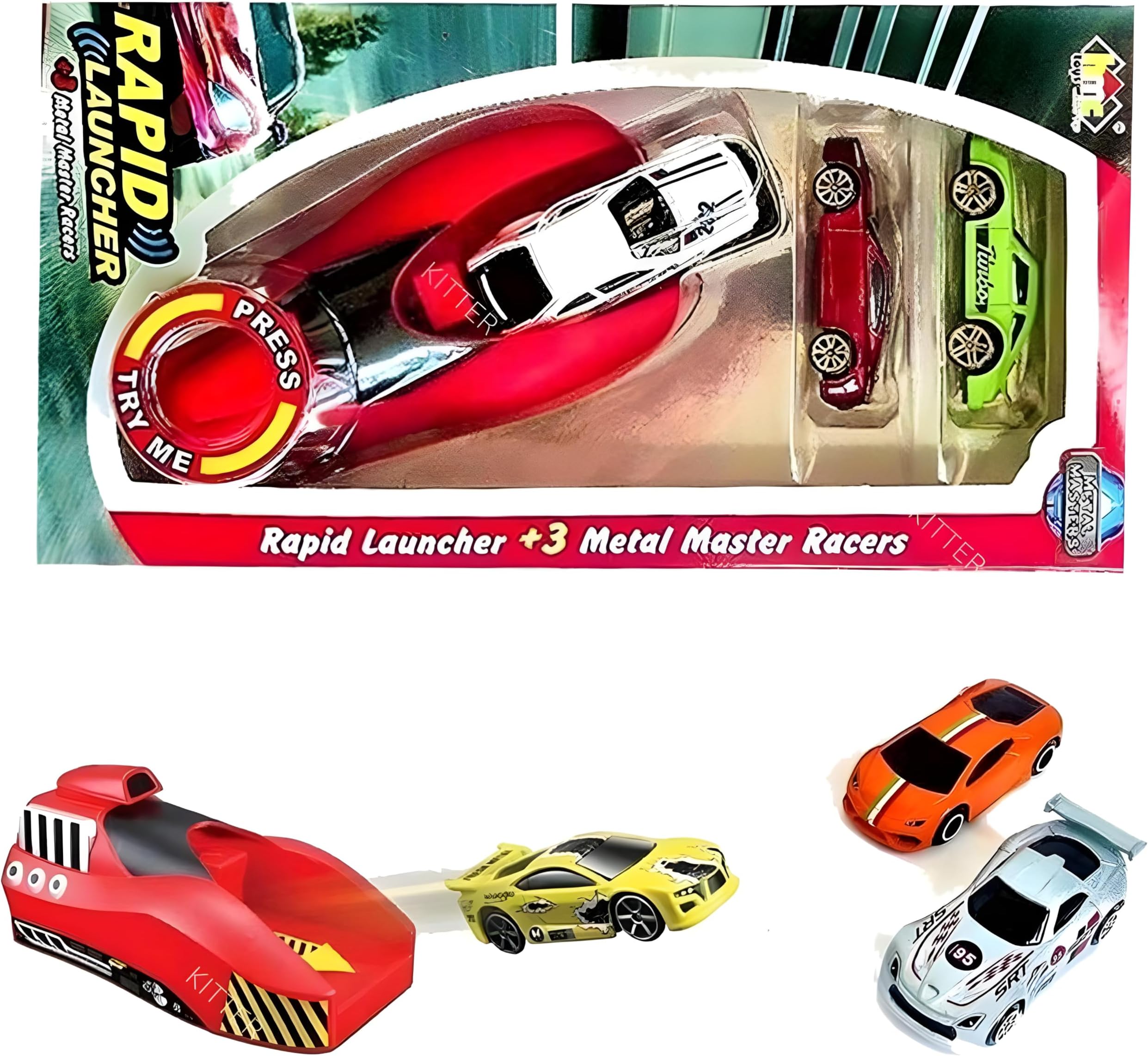 KITTER Rapid Launcher Car Set with 3 Die-Cast Metal Cars | Die-Cast Metal Play Set with Rapid Launcher | Stunt Cars for Kids Boys Girls Toddlers, Best Gift for Kids (Multicolor)