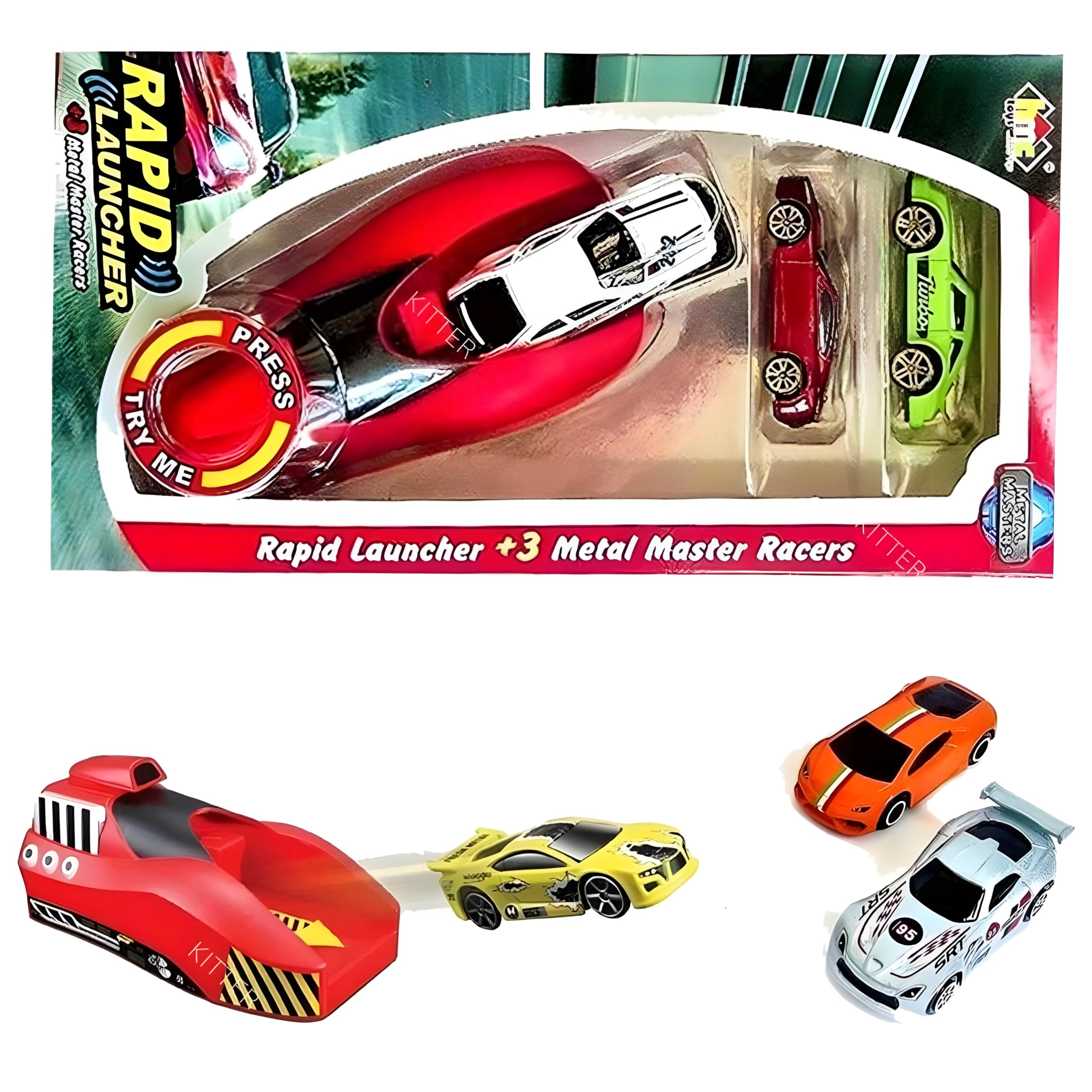 KITTER Rapid Launcher Car Set with 3 Die-Cast Metal Cars | Die-Cast Metal Play Set with Rapid Launcher | Stunt Cars for Kids Boys Girls Toddlers, Best Gift for Kids (Multicolor)