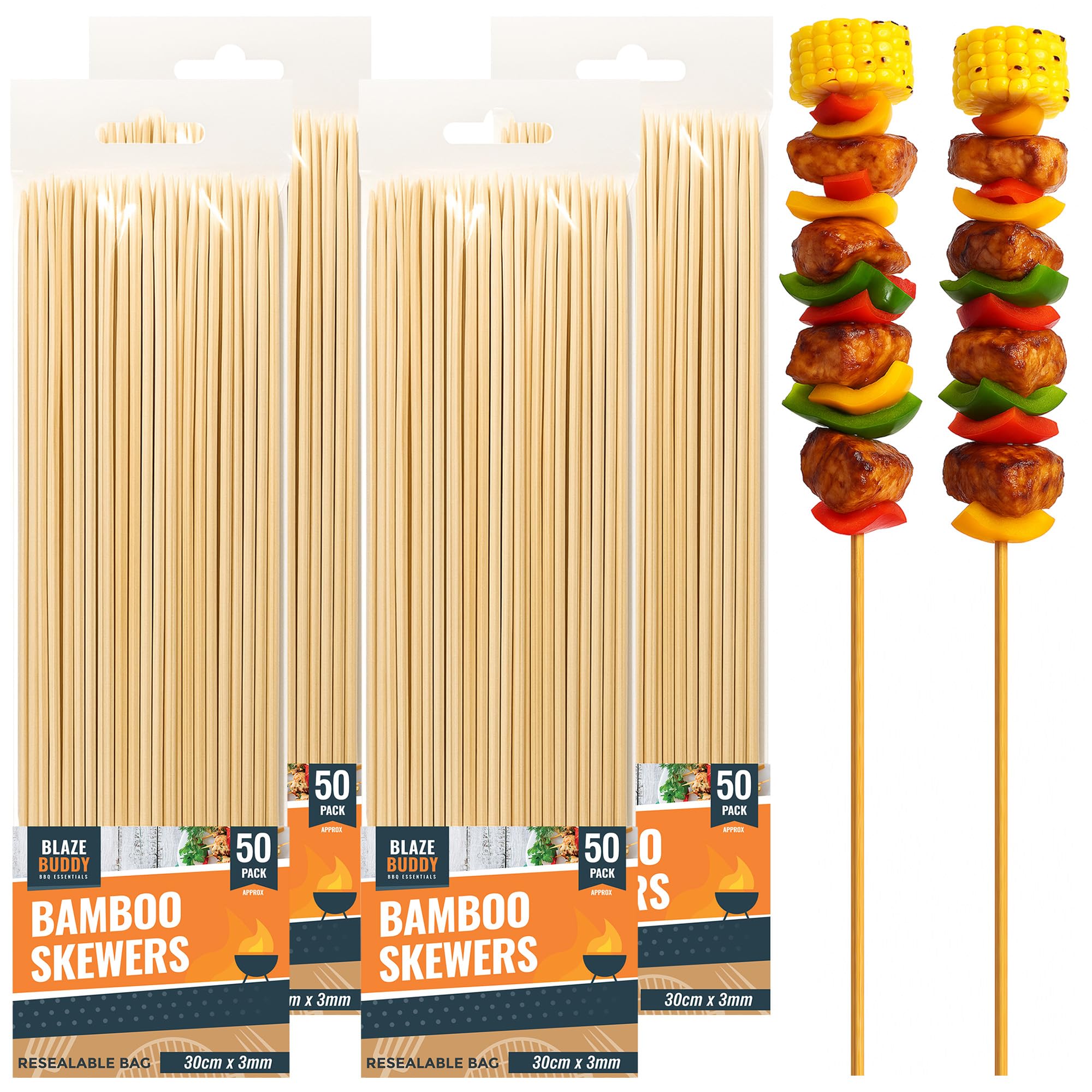 200 Spiedini In Bambù 30cm Per BBQ, Shish Kebab E Frutta | Bastoncini Di Legno, Ideali Per Grigliate