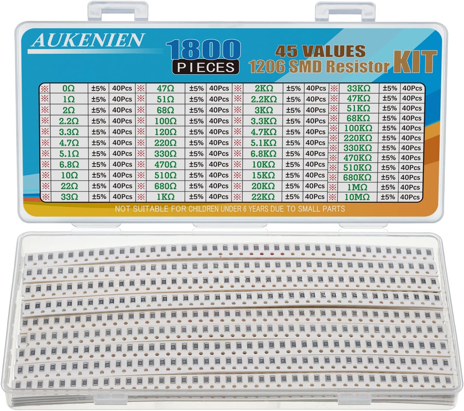 AUKENIEN 1206 SMD Resistor Assortment Kit 45 Values 1800pcs 0R to 10M Ohm 1/4W SMT Chip Resistors Assorted with ±5% Tolerance