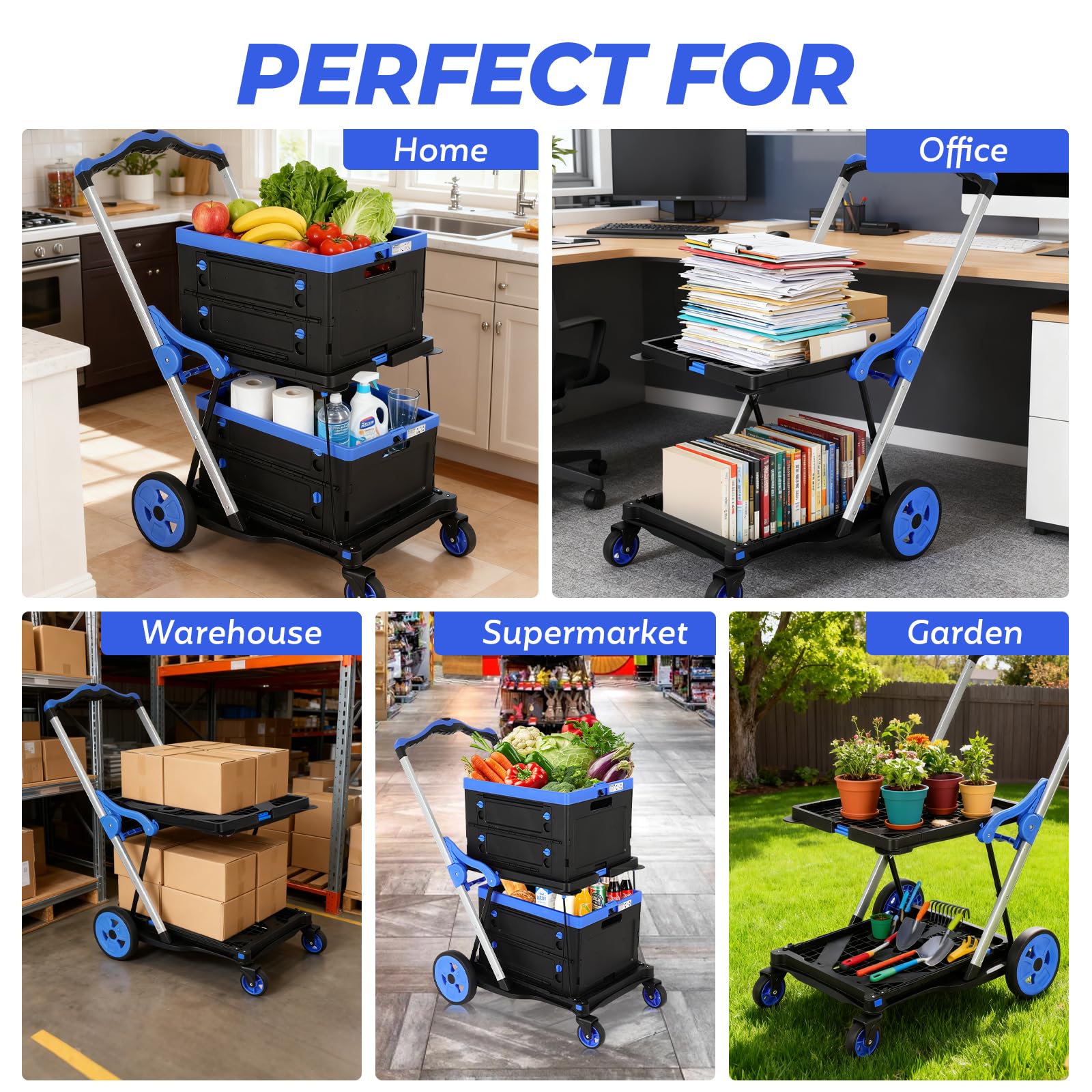 Carrito de compras plegable de 2 niveles con ruedas, capacidad de 200 libras con ruedas con caja de almacenamiento, carretilla de mano de plataforma con freno de pie