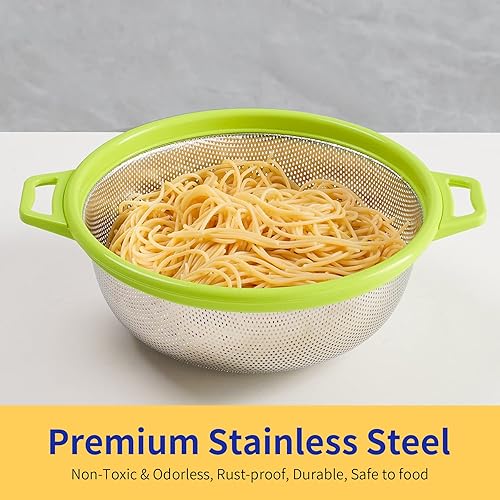 Miniatura 7 de POPGRADE Paquete de 3 coladores de acero inoxidable con mango y patas, colador de metal grande para pasta, espagueti, verduras, frutas, fideos,