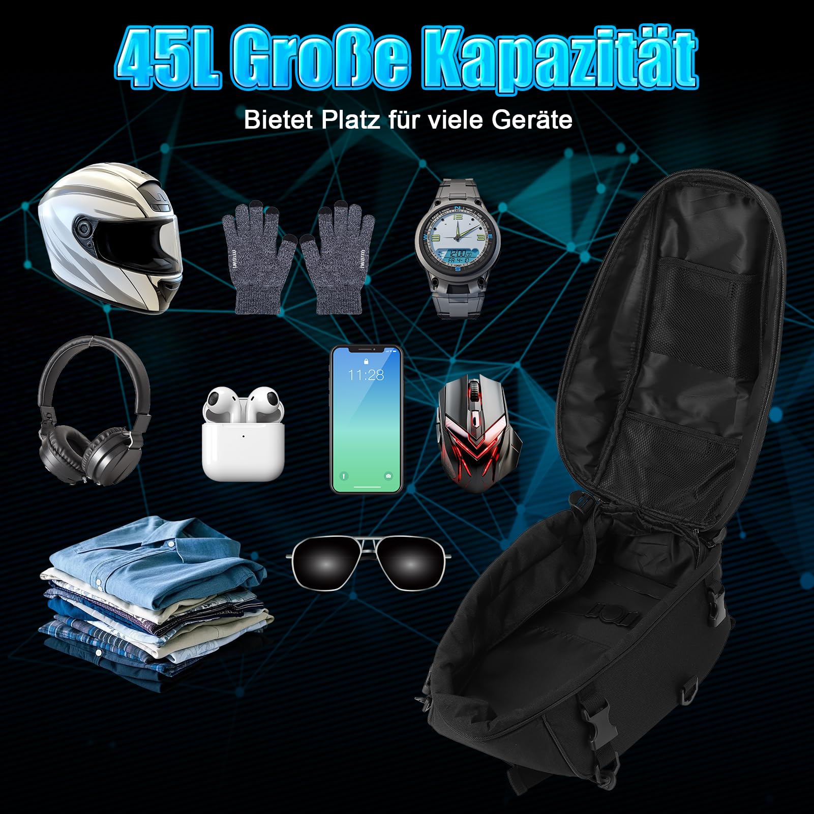 45L Motorrad-Hecktasche, Heckhelmtasche aus Oxford-Stoff, wasserabweisend, mit Reflektoren und Netzfach, erweiterbarer Rucksack mit Schultergurt Rückenpolster für Touren Pendler Fahrer Reise