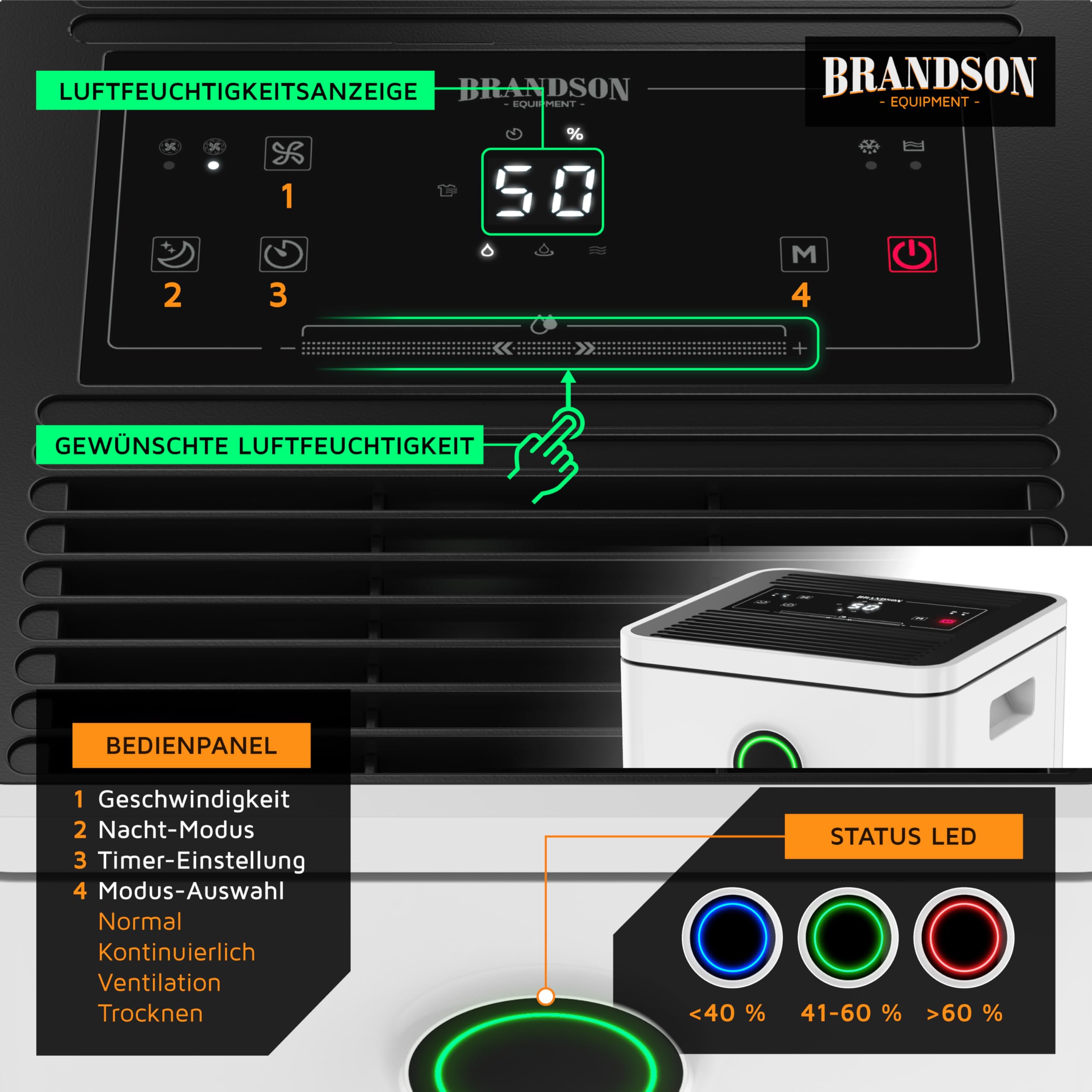 Brandson - Luftentfeuchter 10L mit Kompressor – Dehumidifier Raumentfeuchter elektrisch – 10 Liter / 24h – sehr leise - Schlafzimmer Bad Keller