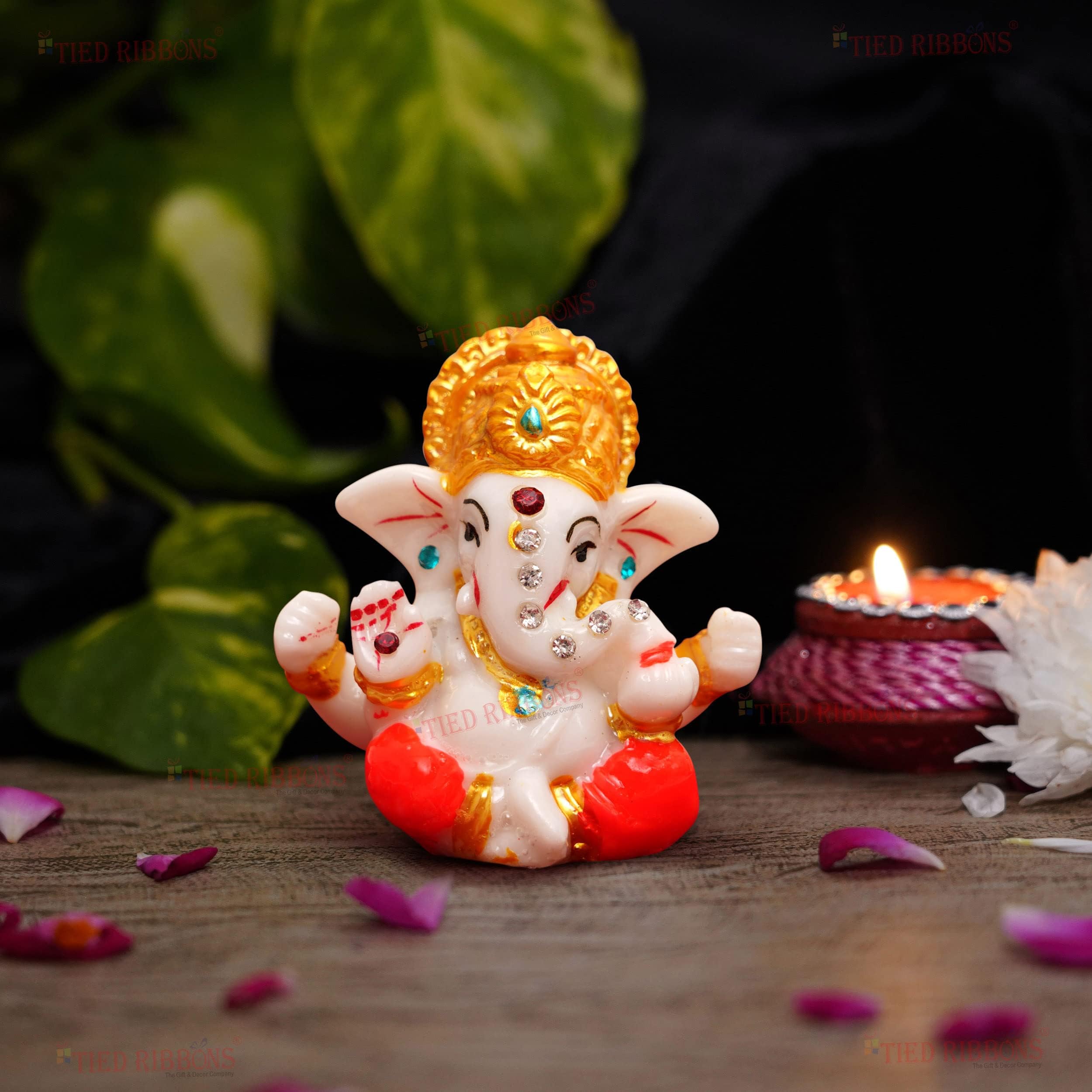 TIED RIBBONS Ganesh Idol | Ganesh Statue Sculpture for Car Dashboard, Temple Decor | Indian God | 2.3 Inch, Resin | Car Dashboard Accessories | Pongal Decorations for Home, Return Gifts