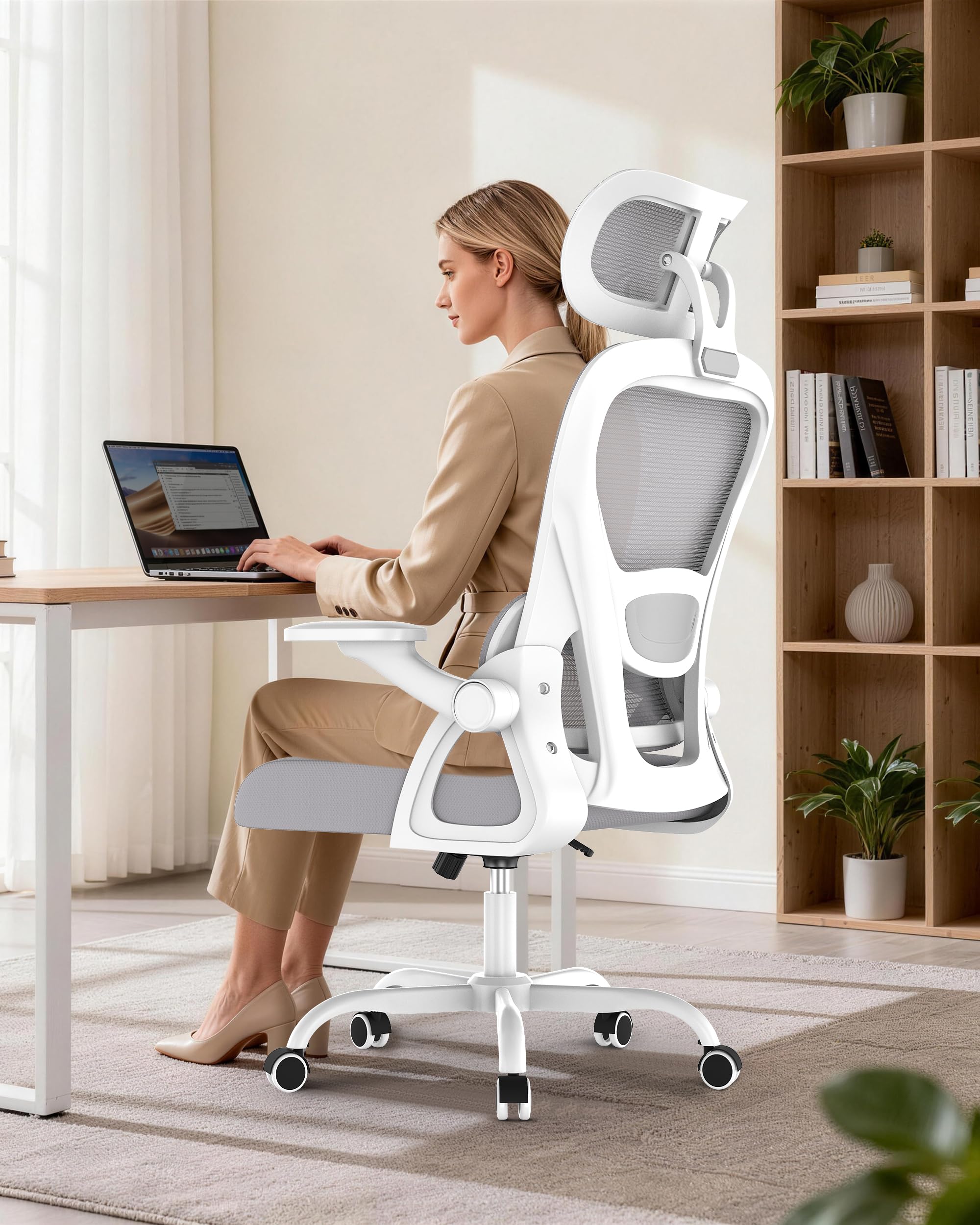 Silla de Oficina Ergonómica, Silla de Escritorio con Soporte Lumbar Regulable y Respaldo de Malla, Altura Regulable Silla Ergonómica con Reposacabezas y Ruedas Silenciosas, Silla para Home - Gris Global Recycled Standard Global Recycled Standard Global Recycled Standard