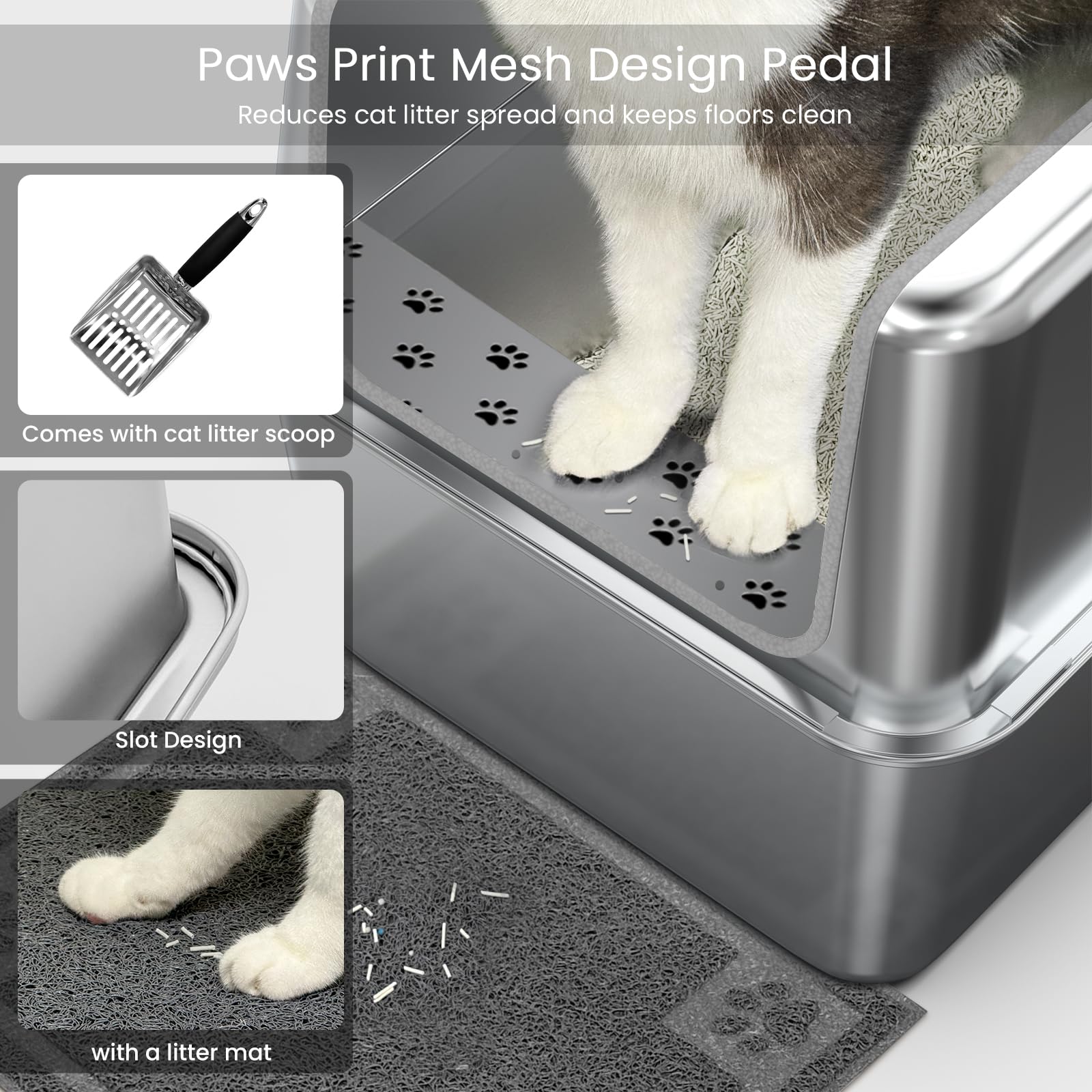Enclosed Stainless Steel Cat Litter Box with Lid, XL Leak-Proof Metal Litter Box for Big Cats, Extra Large Cat Toilet with High Side, Press-Fit Design, Non-Stick, Odor-Free, with Litter Mat & Scoop - image 5