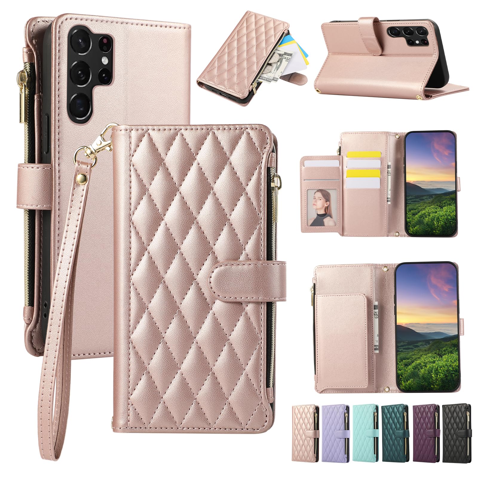 ELEPIK for Samsung Galaxy S23 Ultra Case, Adjustable Crossbody Wallet Case with Card Holder, Kickstand, Wristlet for Women Men, Durable PU Leather Magnetic Phone Case for Galaxy S23 Ultra, Pink Samsung Galaxy S23 Ultra Pink