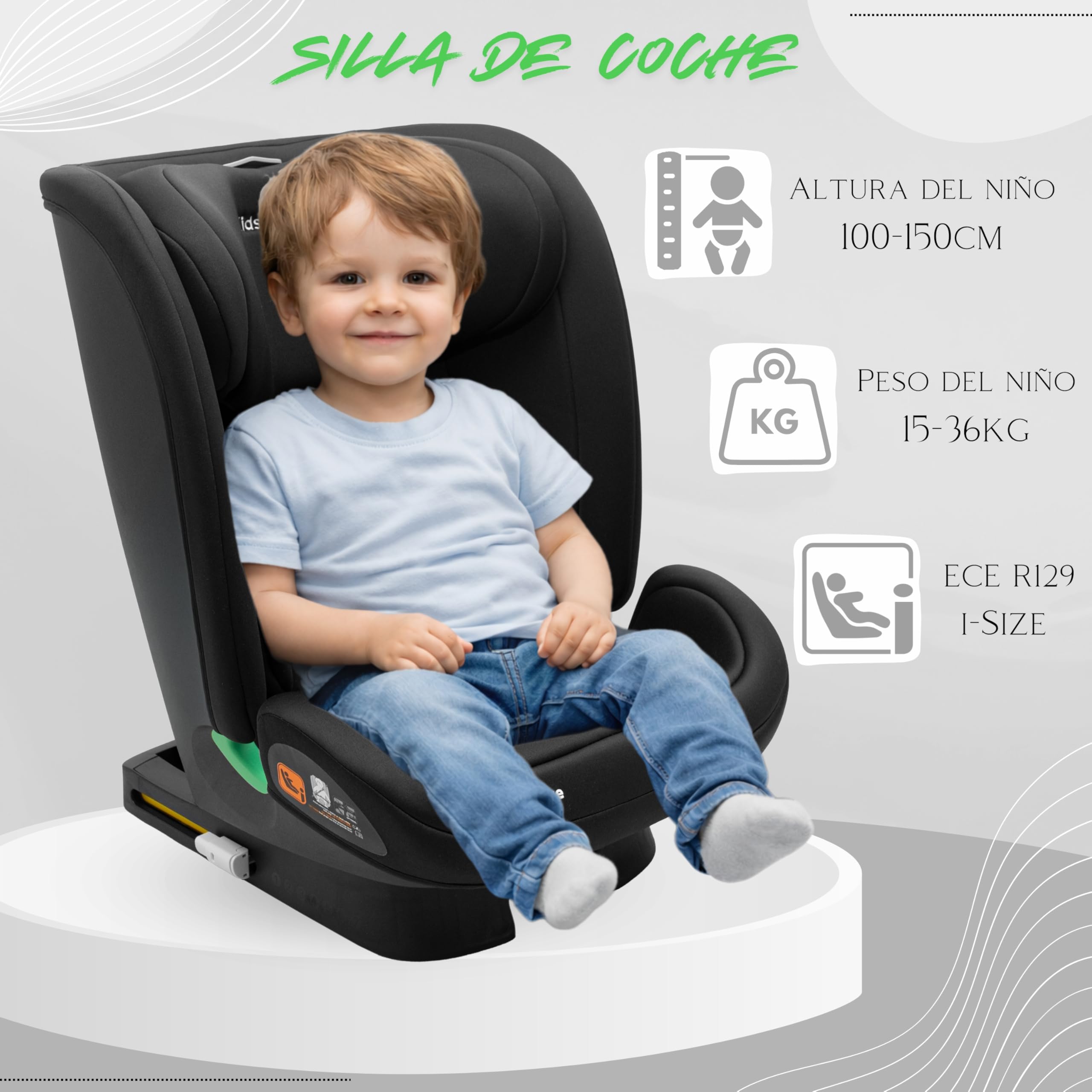 Silla Coche Grupo 2-3 Isofix 15-36 kg, 100-150 cm - Silla de Coche para niños 4 a 12 años, i-Size - 7 Posiciones de Reclinado, Reposacabezas 9 Posiciones, Funda Desmontable
